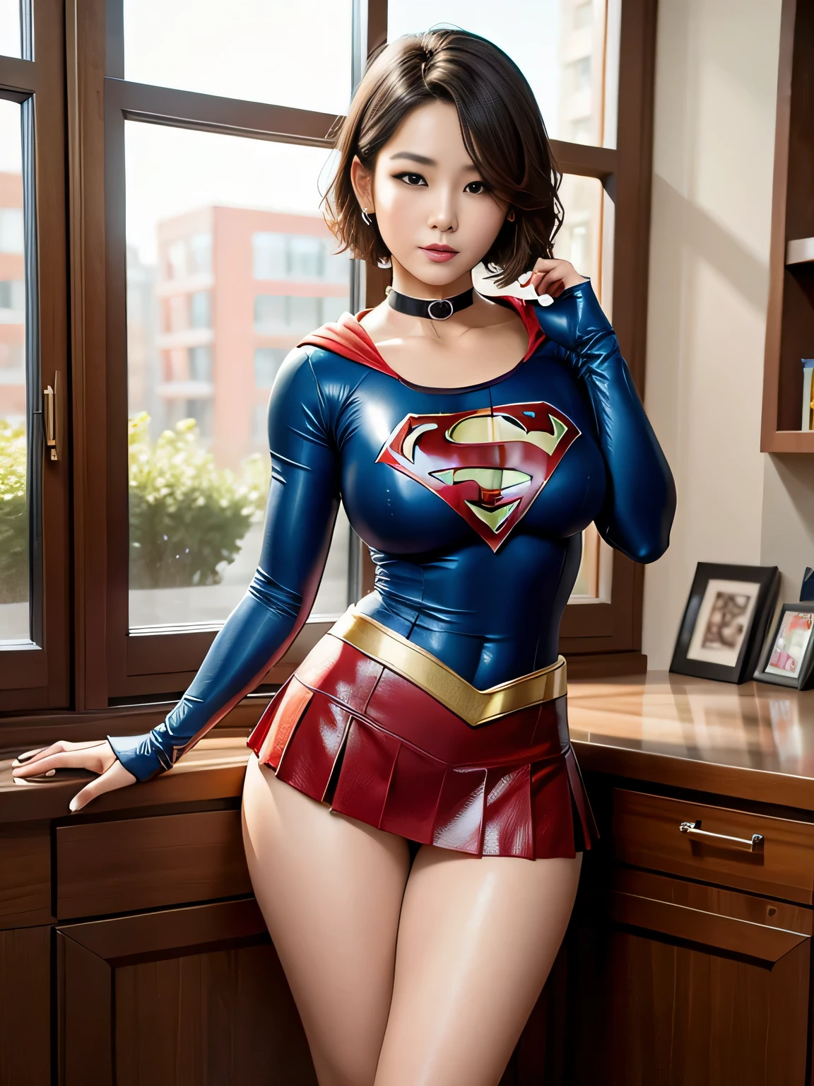 masterpiece、Shorthair Supergirl、big and full breasts、look at the camera、shiny costume、choker、red mini skirt、long sleeve、Like a magazine cover、obscene、Seduce、provocative pose、sensational