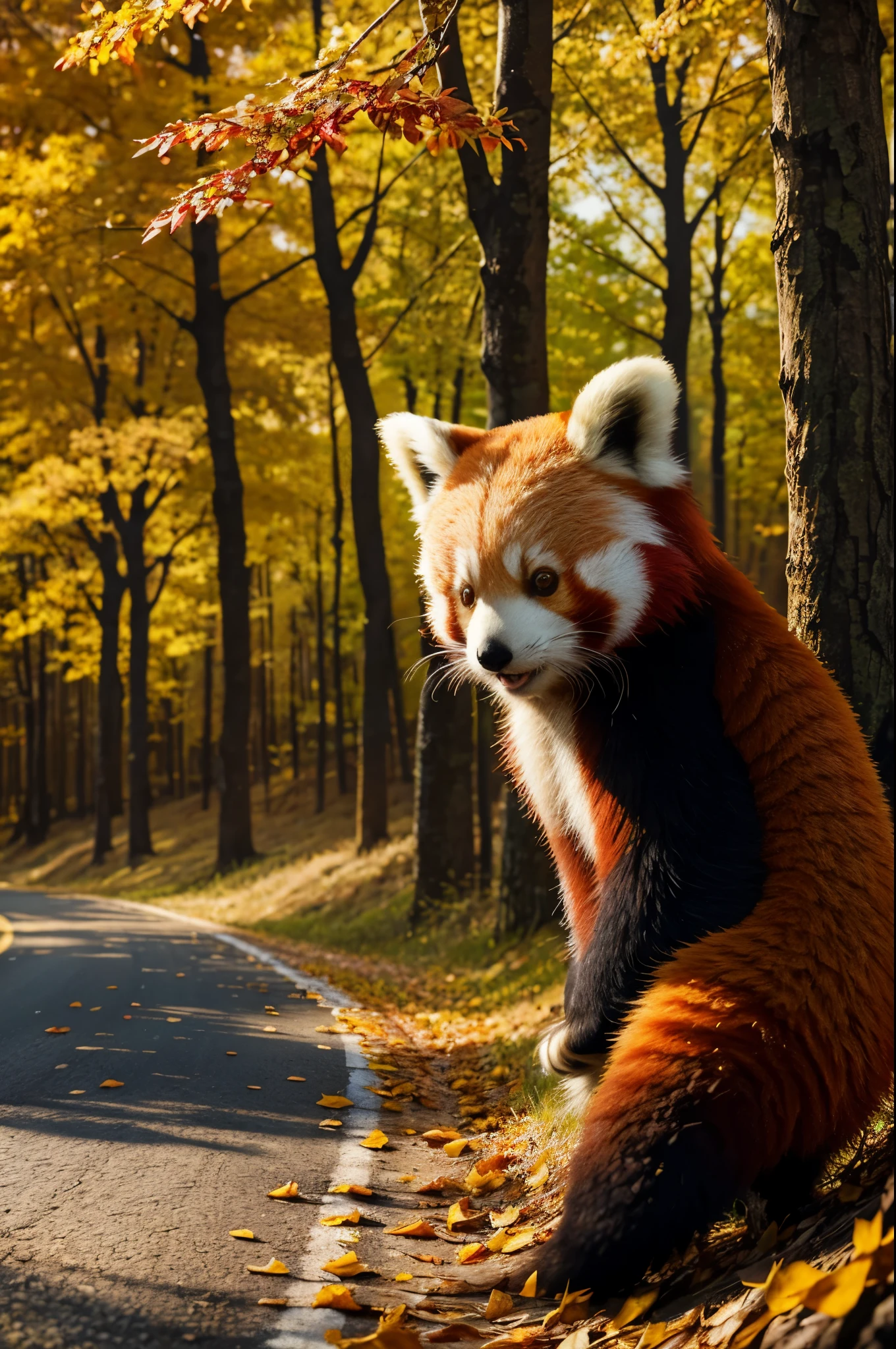 red panda on a lonely road,illustration,painted in oil,autumn colors,vibrant leaves,soft lighting,sharp focus,detailed fur,medium:(realistic,photorealistic:1.37),HDR,UHD