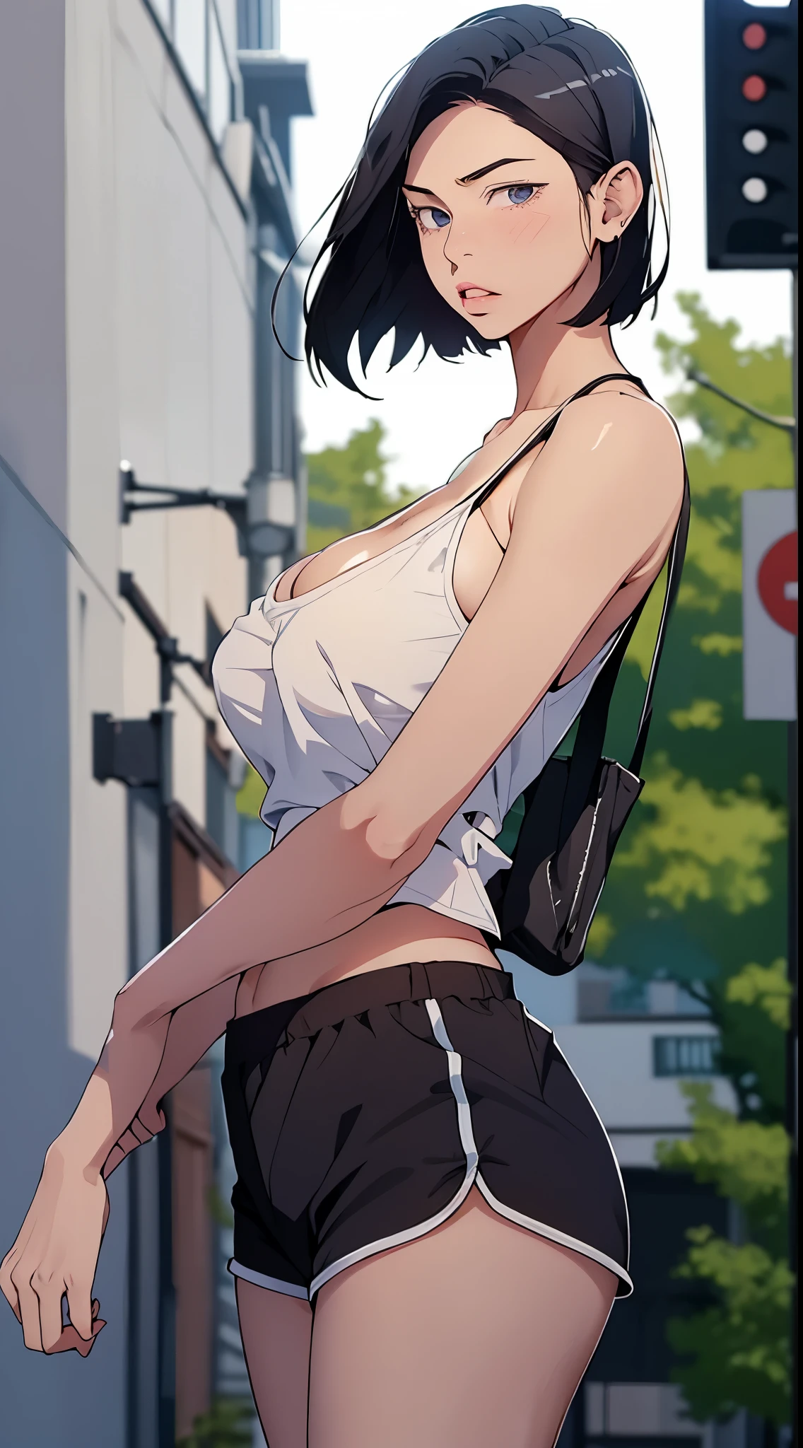 sooahdef, black hair, blue eyes, short hair
looking to the side, solo, breasts, parted lips, large breasts, looking away, camisole, cowboy shot, 1girl, black shorts, shorts, short shorts, bare shoulders, collarbone, cleavage
masterpiece, best quality