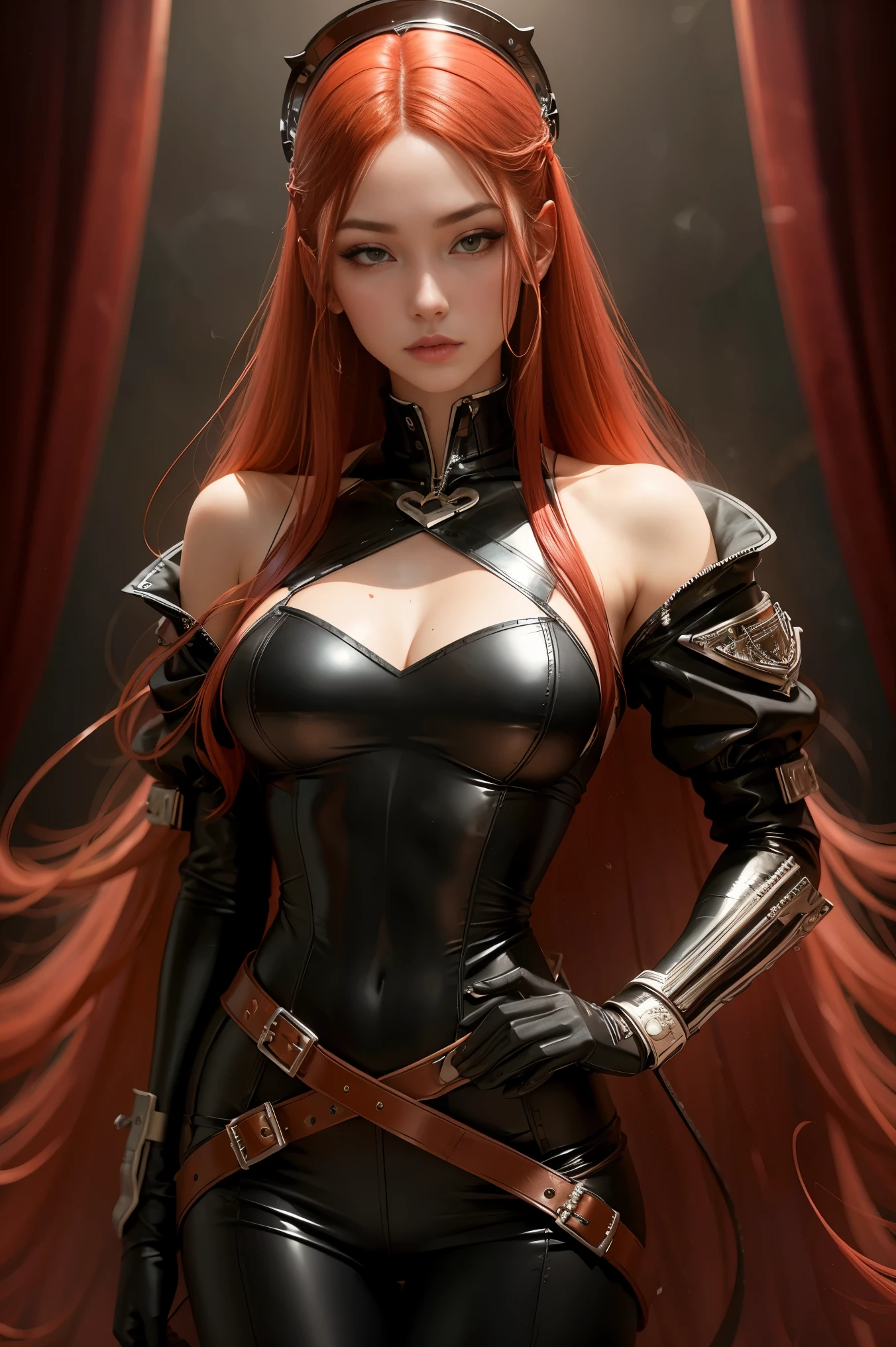 a woman with red lipstick has armor on and is holding a sword, kirijou mitsuru, 1girl, solo, hair over one eye, long hair, (((red hair))), weapon, (rapier), bodysuit, black bodysuit, grey bodysuit, hand on hip, (((large breasts))), (purple theme:1.2), ((indoors)) (In Baroque style hall:2), queen, ((majestic)), graceful, perfect face, beautiful face, perfect female body, mature female, (glowing red eyes:1.2), short ponytail, Queen's crown, darker violet gossamer veil, royal red cloak with jewels and fur, royal red shawl with jewels and fur, (earrings), (jewels, jewelry:1.2), head ornaments, (hands ornaments), legs ornaments, (high heels), Narrow waist, big ass, wet, wet body, sweating body, shiny skin, ((no close up)), (8k, RAW photos, highest quality, masterpiece: 1.7). (Realistic, Photorealistic: 1.9)
