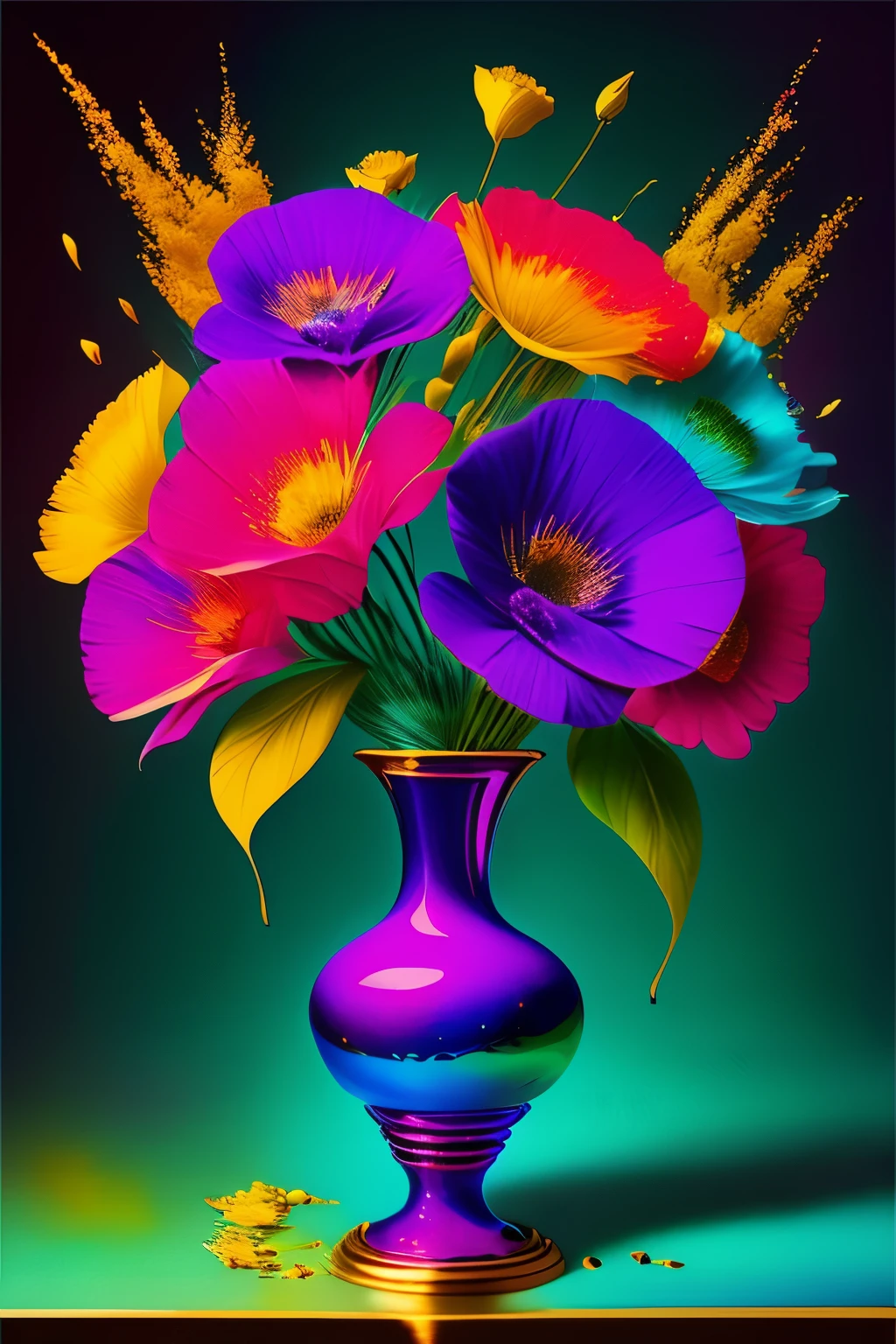 Beautiful bouquet of flowers in a very beautiful vase! An exquisite vase is a piece of art - a crystal vase with gold trim around the edges and decorated with precious stones is simply flawless ! The magic of creating masterpieces of portrait art ! All paint colors, poured onto canvas, magically move and mix., turning into a stunningly beautiful portrait ! thick . bright and contrasting colors are simply amazing . our imagination is the creation of a masterpiece in the style of Alberto Seveso and Pablo Picasso !!