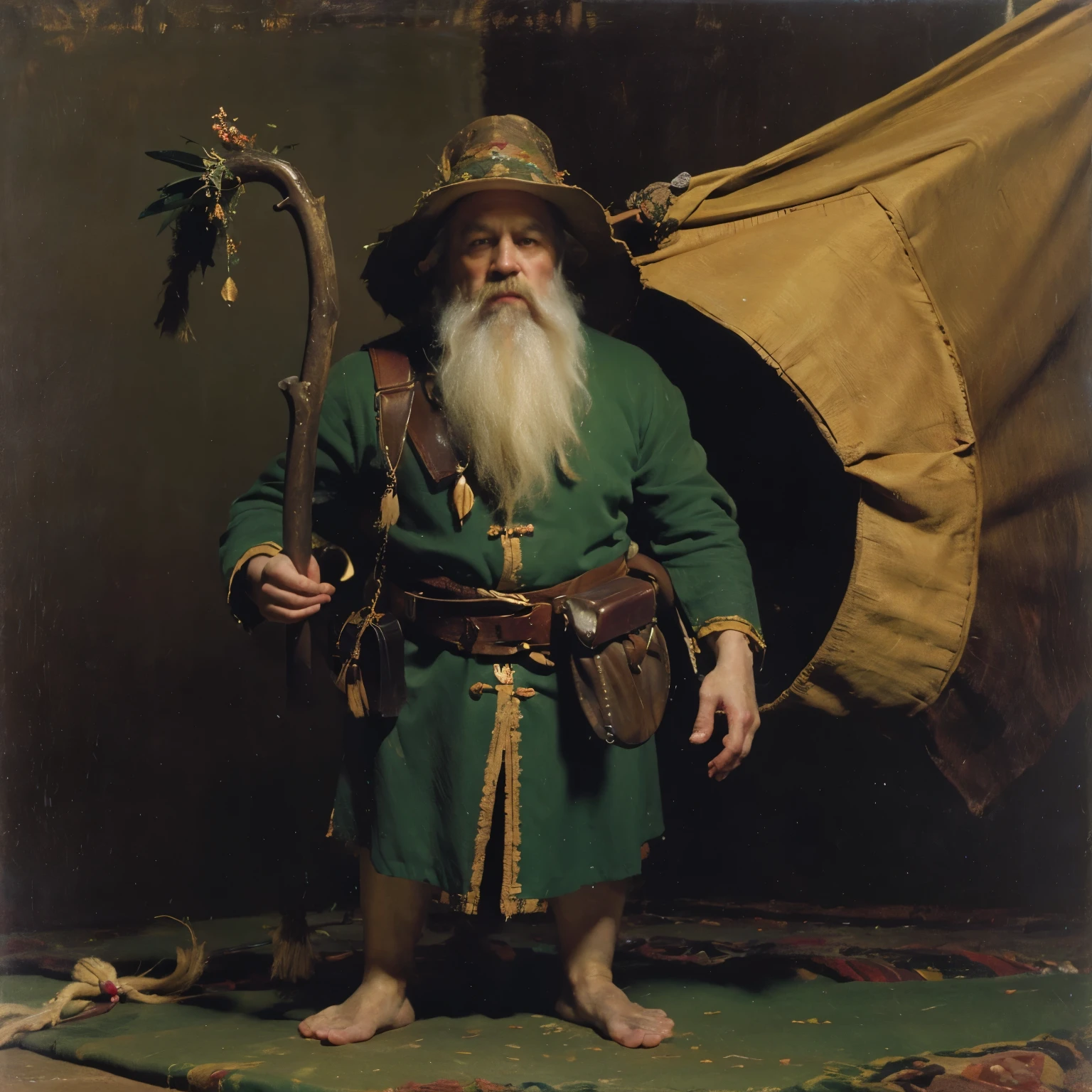 8k, photo of the most beautiful artwork, Forground: a dwarf male with a beard standing barefoot in luch grass holding a Druid Staff made of wood, he is wearing a green coat with a belt at the waist, pouches, wizard hat with a feather in it. Background: A luch forest environment,tree trunks, roots, vegitation, giant trees. Render the scene: Vibrant colors, photorealistic, sharp focus, (highly detailed:1.4), oil painting, ambient Light.
