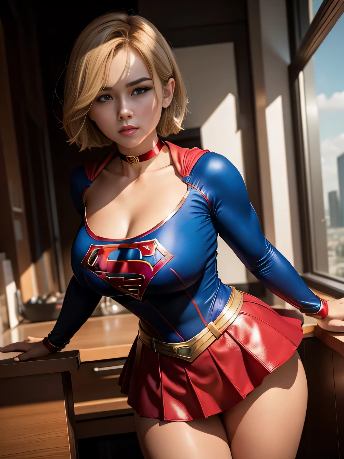 masterpiece、Shorthair Supergirl、big and full breasts、look at the camera、shiny costume、choker、red mini skirt、long sleeve、comic book cover、obscene、seductive pose、provocative、sensational