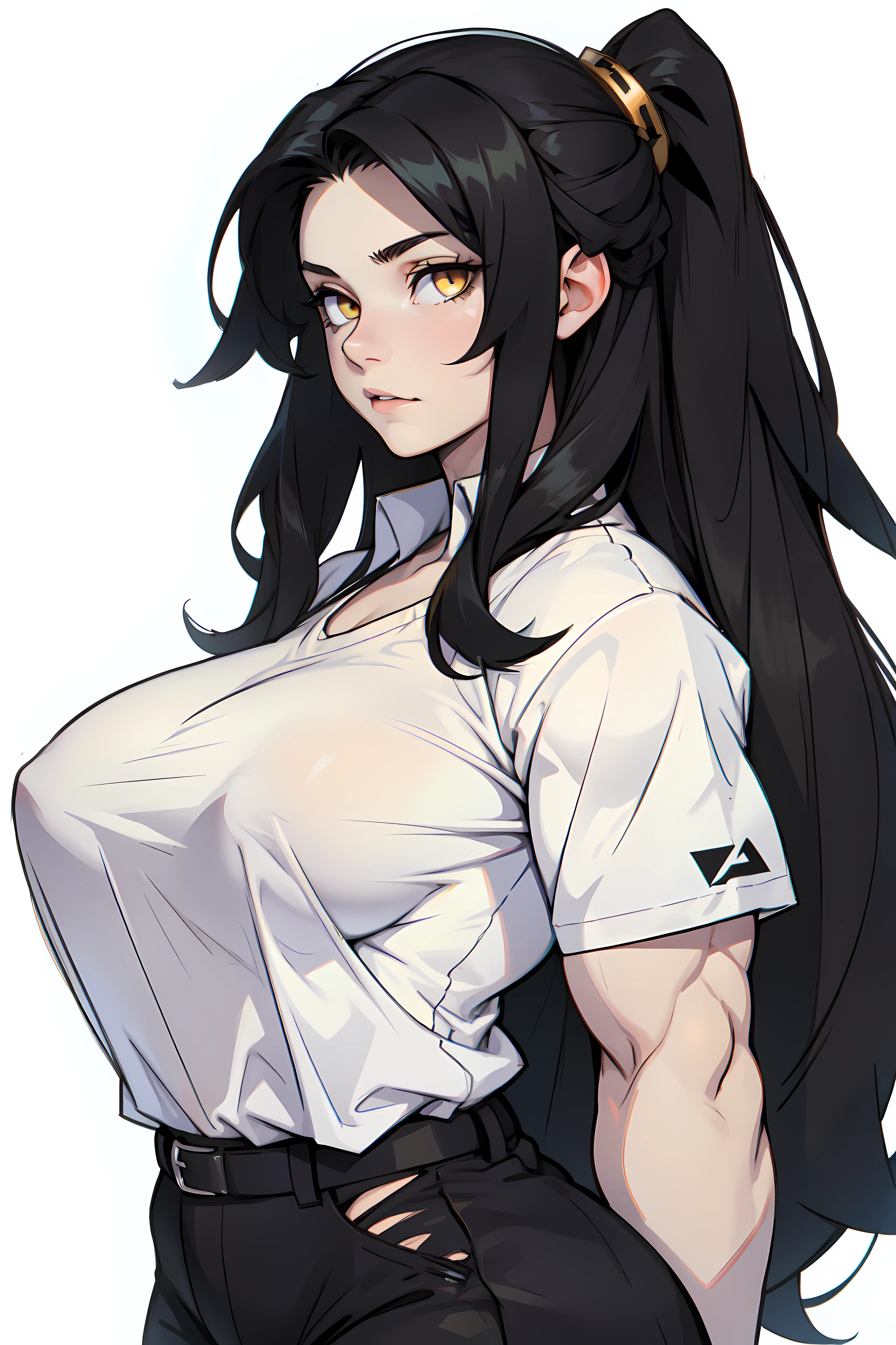 huge breasts pale skin very long hair black hair yellow eyes ((((((1 girl)))))) (((((muscular))))) (raising_shirt)