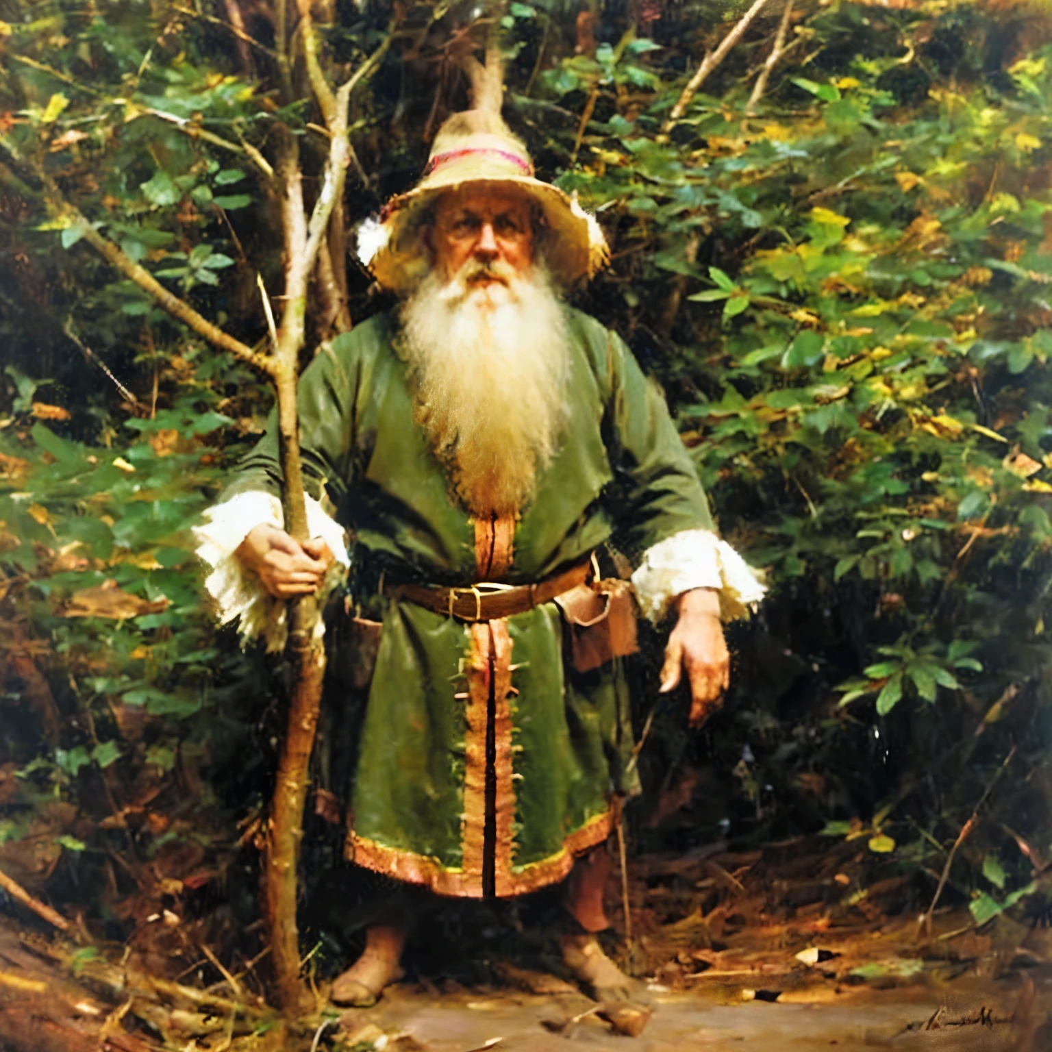 8k, photo of the most beautiful artwork, Forground: a dwarf male with a beard standing barefoot in luch grass holding a Druid Staff made of wood, he is wearing a green coat with a belt at the waist, pouches, wizard hat with a feather in it. Background: A luch forest environment,tree trunks, roots, vegitation, giant trees. Render the scene: Vibrant colors, photorealistic, sharp focus, (highly detailed:1.4), oil painting, ambient Light.