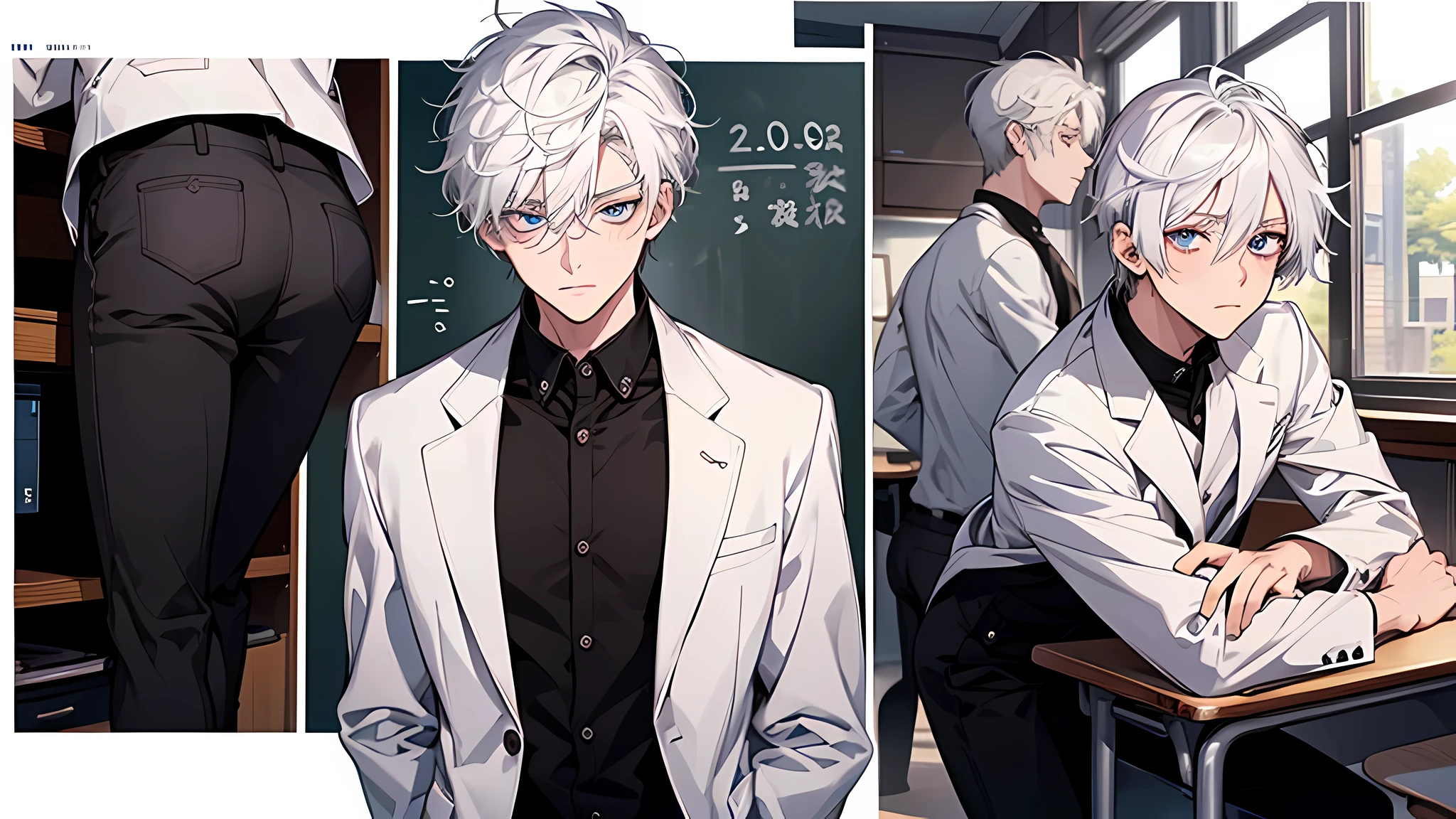 Best Quality: 1.0), (超A high resolution: 1.0), Anime Boy, Short white hair, Blue eyes, White coat, Black pants, Sleep on a stool, Classroom Background, perfect face, perfect body, detailed face, detailed eyes