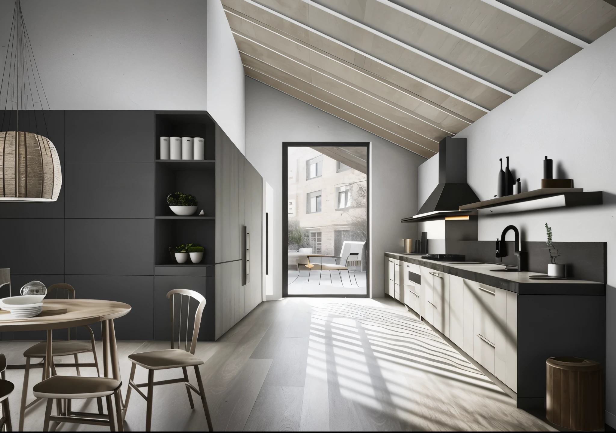 There is a kitchen,There are tables and chairs inside, Award-winning rendering, highly photographic rendering, photographic rendering, architectural visualization, artistic rendering, Award-winning digital rendering, Surreal", Luxury custom kitchen design, Surreal", Award-winning rendering, bright rendering, author:Alfredo Volpi, realistic images, photoreal render, minimal kitchen, color, true realistic images