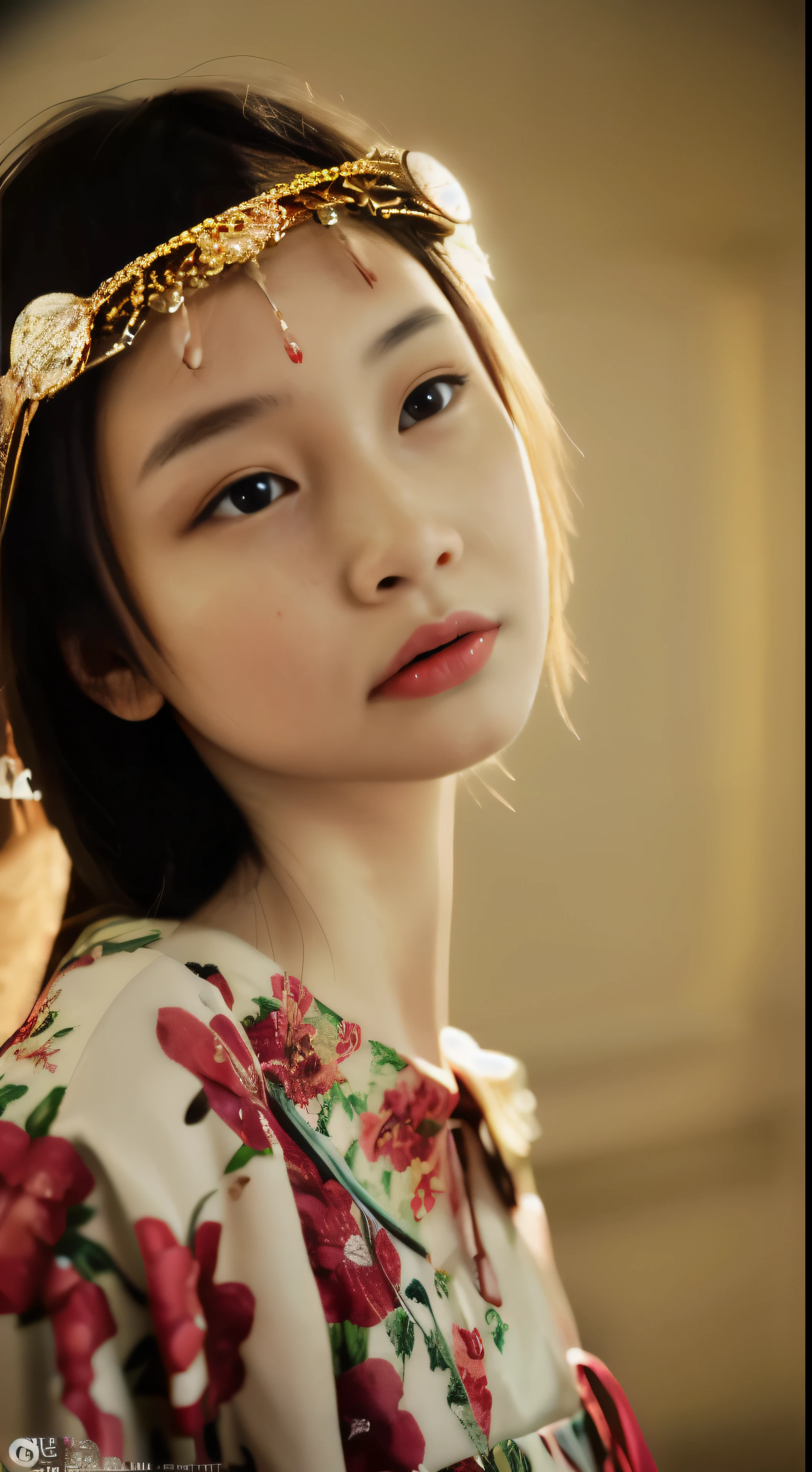 Best Picture Quality, Masterpiece Level, Ultra High Resolution, Realism, Fantasy Theme, Head Close-Up, A Girl, Single, Scatter, Chinese Architecture, Indoor, First-Person Perspective, Phoenix Headdress, Floral Dress, Get Detailed Interior Lighting and Cinematic Lighting, Increase Detailed Overall Ambient Light, Face and Eye Detail, Improve Face Detail Realism, Clear Sharp Focus, Sobbing, Mouth Biting, Frowning, Bright Eyes, Simple Background, Sony Master Lens.
