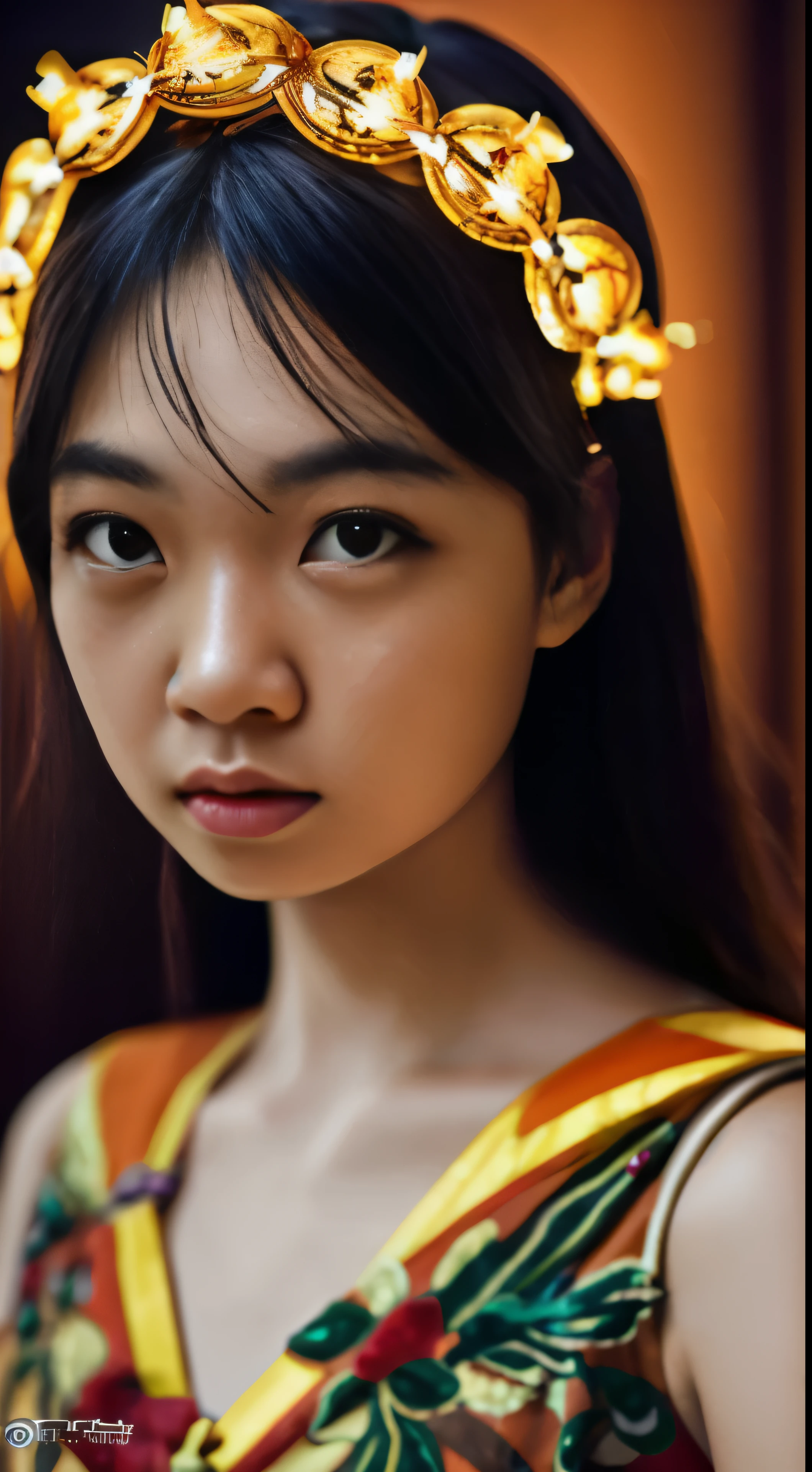 Best Picture Quality, Masterpiece Level, Ultra High Resolution, Realism, Fantasy Theme, Head Close-Up, A Girl, Single, Scatter, Chinese Architecture, Indoor, First-Person Perspective, Phoenix Headdress, Floral Dress, Get Detailed Interior Lighting and Cinematic Lighting, Increase Detailed Overall Ambient Light, Face and Eye Detail, Improve Face Detail Realism, Clear Sharp Focus, Sobbing, Mouth Biting, Frowning, Bright Eyes, Simple Background, Sony Master Lens.