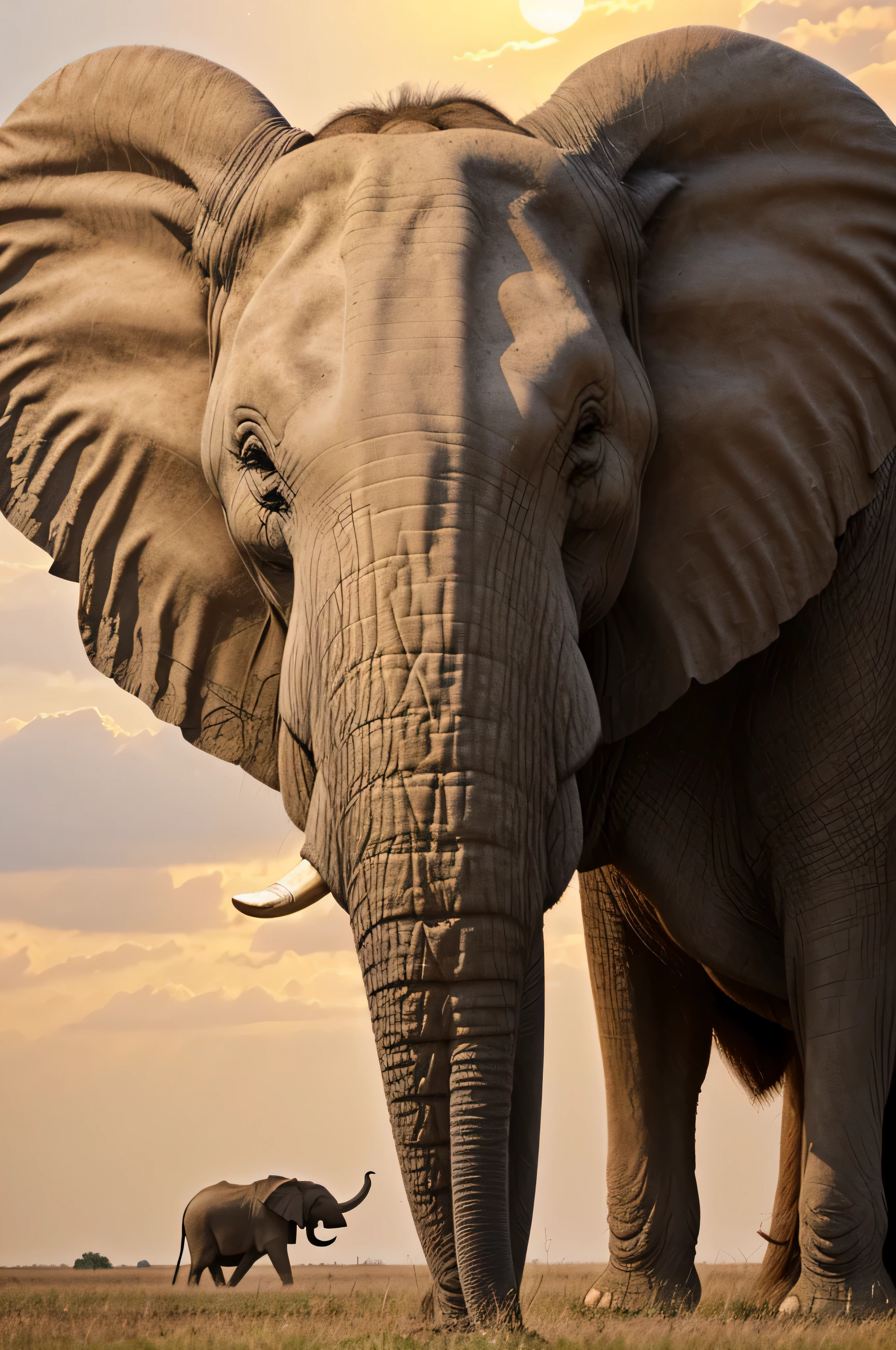 (melhor qualidade,4k,high resolution,obra de arte:1.2),ultra-detalhado(realista:1.37),a pink elephant and a red lion, both standing in front of the camera with an imposing presence, the scene is set at a sunset with Red clouds in the sky, folhas sendo levadas pelo vento,illustration,oil painting,Retratos,Red clouds in the sky,cena do fim do dia,dia ventoso,stunning facial expressions,olhos expressivos e rosto detalhado,pink elephant with complex patterns,strong and majestic red lion,beautiful grassland scenery,cores vivas,sharp focus,Bokeh,tons de cores quentes,soft lighting.