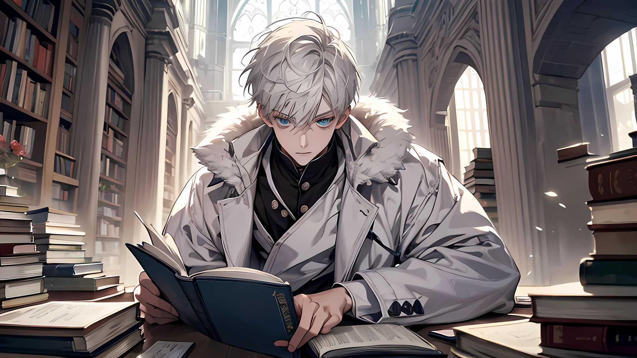 Finding you reading on the ground in a pile of books full of books 1boy, short white hair, white coat, blue eyes, perfect face, perfect body, detailed eyes, detailed nose