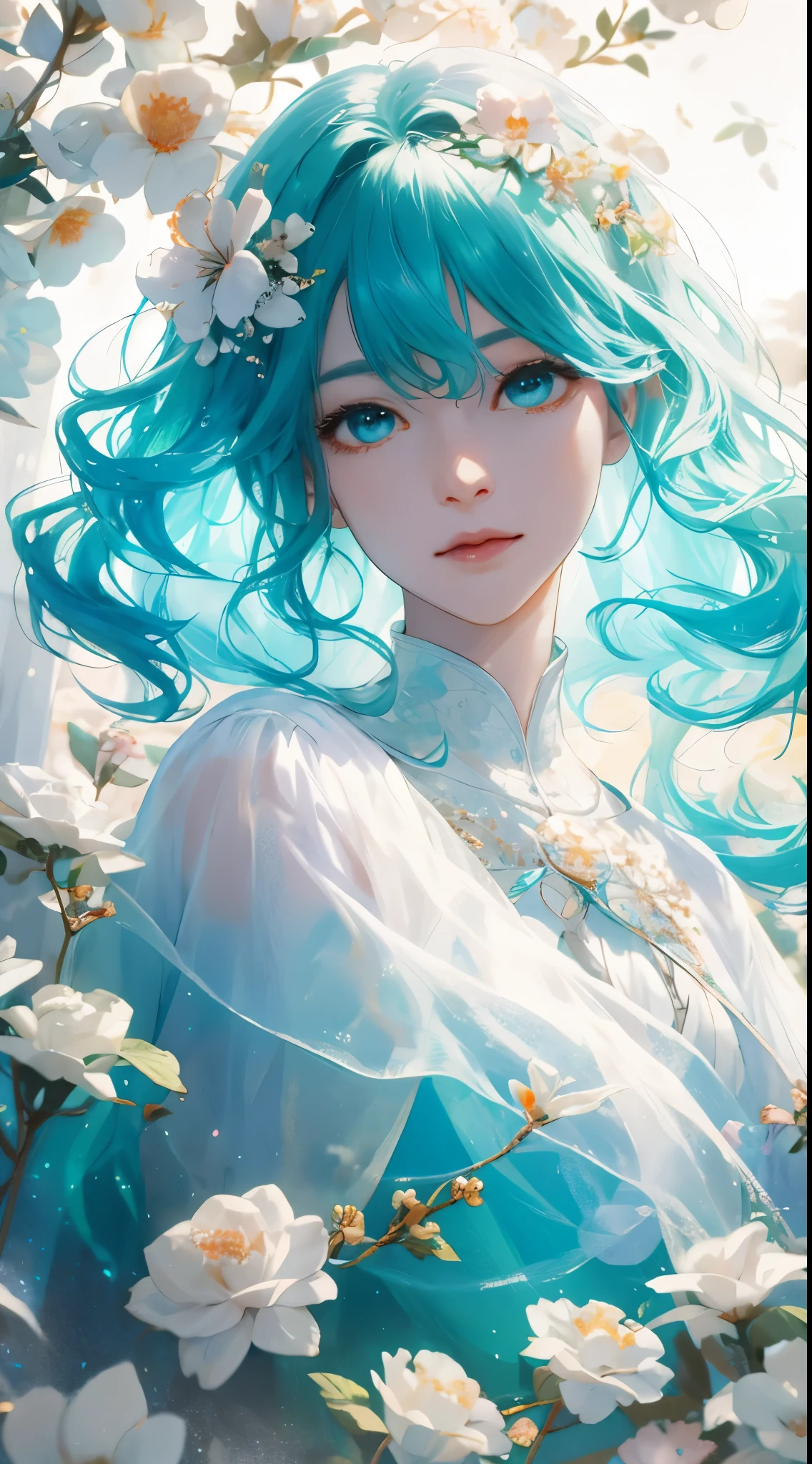 a girl，rainbow colored hair，Romanticized nature，curls，A dreamlike realm，light white and light red，light white and cyan，HD，high detail，high quality，Very good atmosphere，exquisite，CG rendering，Detailed rendering，（exquisite面部刻画）（Fine hair depiction）（best quality）（Master masterpieces）（High degree of completion）（a sense of atmosphere）（bust）
