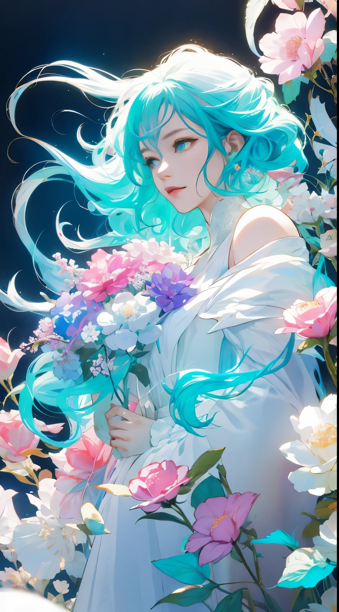 a girl，rainbow colored hair，Romanticized nature，curls，A dreamlike realm，light white and light red，light white and cyan，HD，high detail，high quality，Very good atmosphere，exquisite，CG rendering，Detailed rendering，（exquisite面部刻画）（Fine hair depiction）（best quality）（Master masterpieces）（High degree of completion）（a sense of atmosphere）（bust）