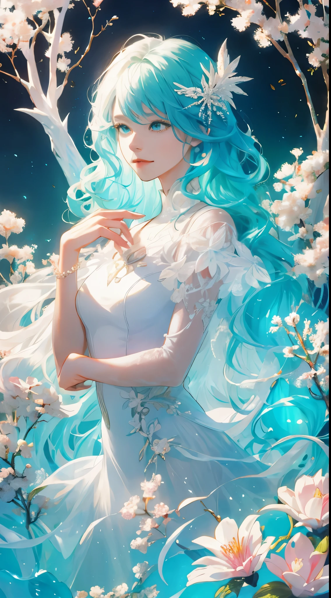 a girl，rainbow colored hair，Romanticized nature，curls，A dreamlike realm，light white and light red，light white and cyan，HD，high detail，high quality，Very good atmosphere，exquisite，CG rendering，Detailed rendering，（exquisite面部刻画）（Fine hair depiction）（best quality）（Master masterpieces）（High degree of completion）（a sense of atmosphere）（bust）