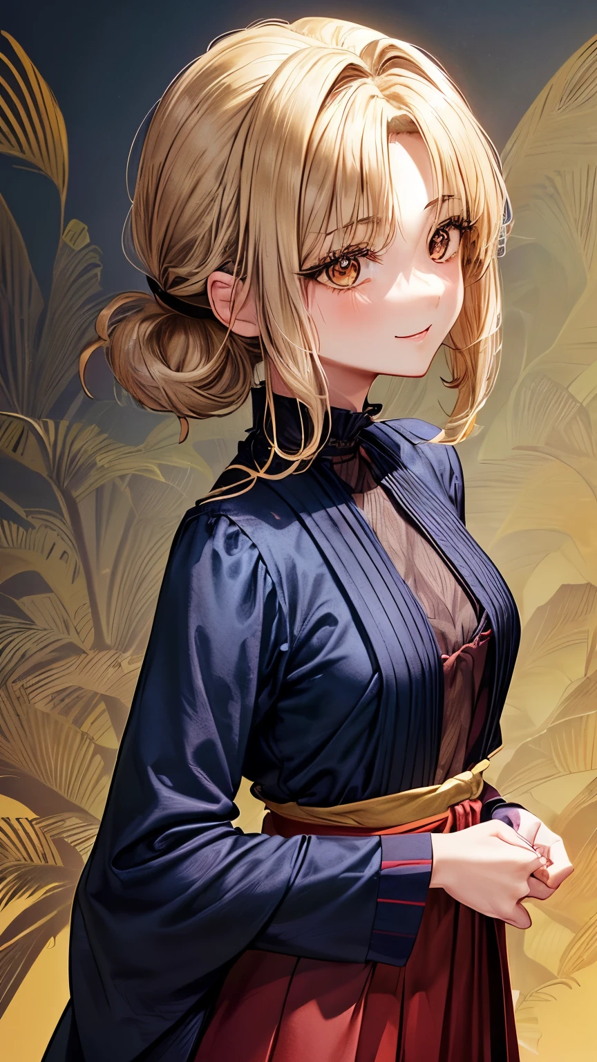 25 years old Japanese lady (( small breast, slender)), short hair,((smooth curly ponytail)), (( yellow, blonde )),(( so much shaggy forelock:1.4)), bluish purple tidy one-piece dress(( leaf patterns )), maxi length skirt ((black, indigo, dark red )), ((shiny red big droopy eyes)), eyelashes, friendly and tidy smile, tidy and gentle atmosphere, ((face focus)), blush,