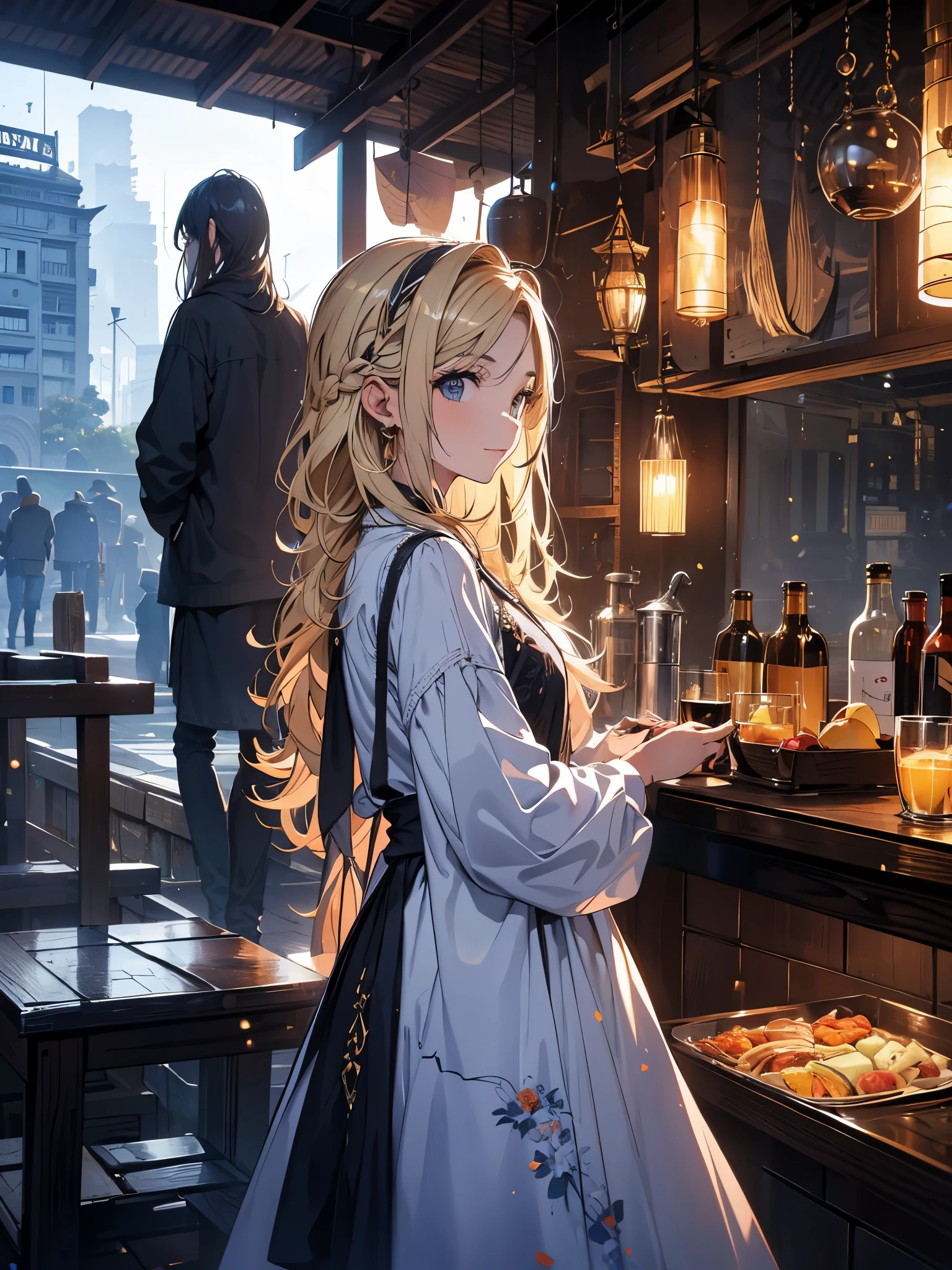 obra de arte, Qualidade superior, ultra-detalhado, Desenho 8k sob unidade CG, uma mulher de perfil olhando diretamente para o horizonte, Summer Subject, um olhar encantado e feliz, no centro da cidade de Paris, sorridente, com longos cabelos pretos e estilo cowboy.