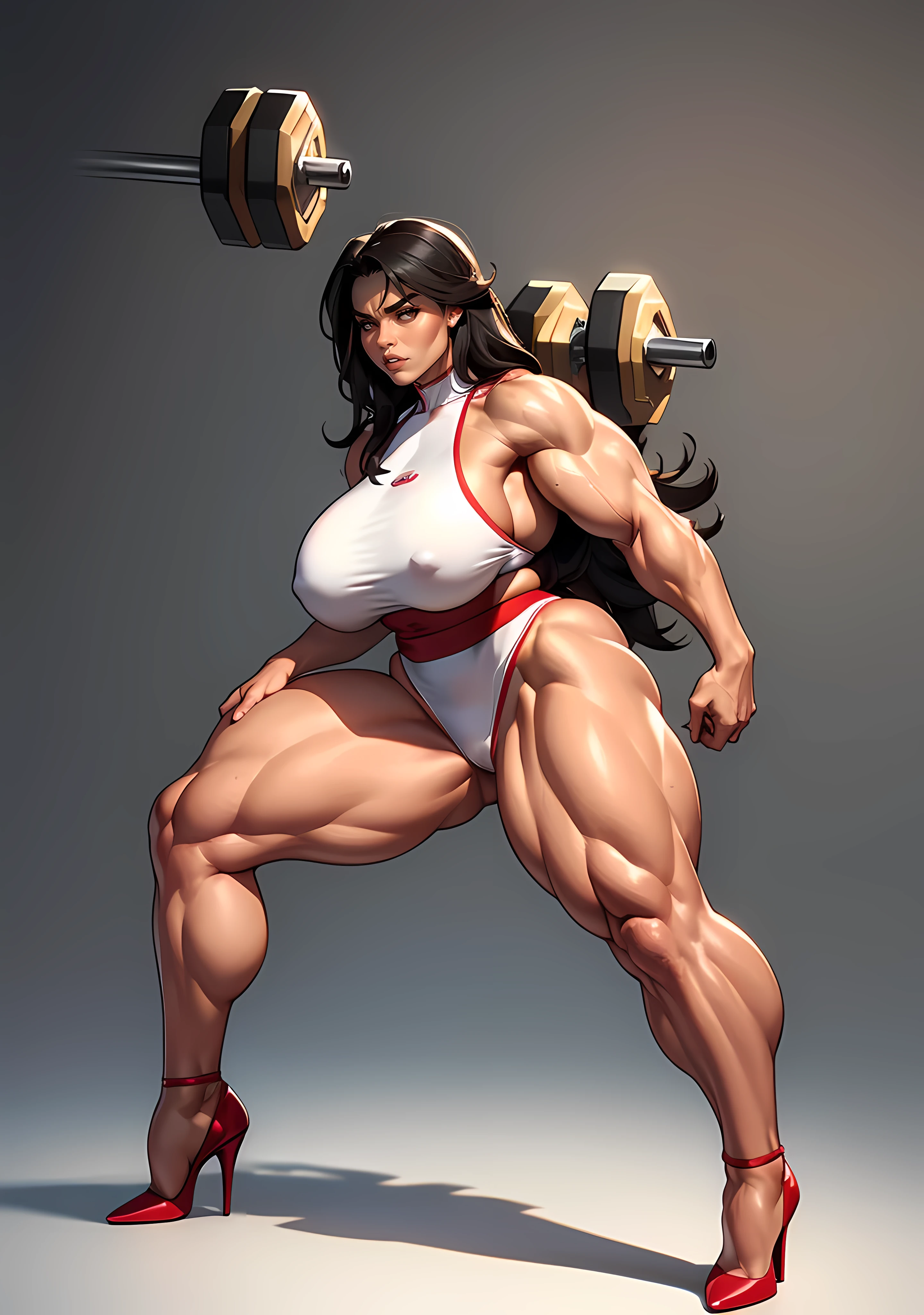 ((Masterpiece)), ((Best Quality)), ((Solo)), ((alone)), ((1girl)), （Full body like:1.1），Burly woman, (((Huge breasts))), ((((Muscular Quadriceps)))), (((((Massive Female Bodybuilder))))), Beautiful and charming Chinese woman face，white stockings，Pointed-toe heels， 1female，Thin waist，Very broad shoulders，Huge latissimus dorsi， Strong and powerful arms，Stout arms，Thick and powerful leg muscles，long leges，