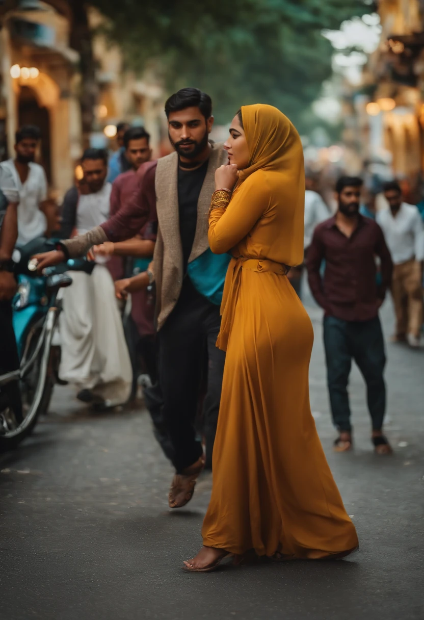 A Muslim girl get fucked in doggy style on a busy street, people are watching,