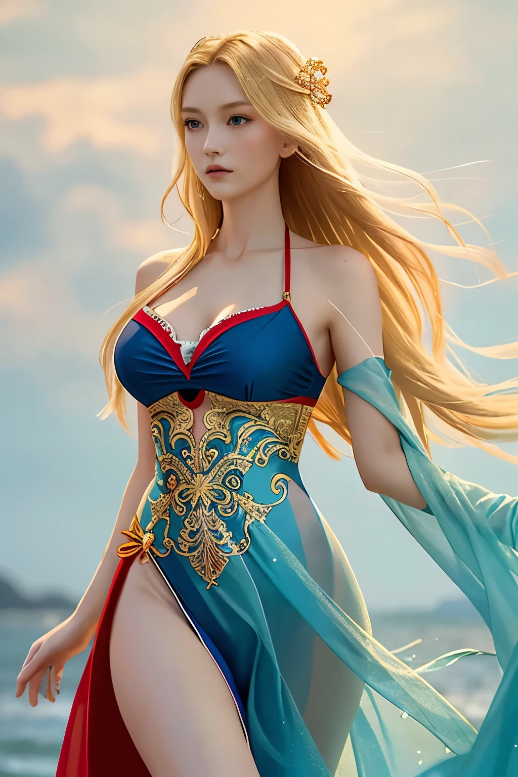 A definition of a masterpiece, this image showcases a slender and tall girl, with golden blonde hair cascading down her back and stunningly beautiful blue eyes. She wears a red bikini that accentuates her C cup breasts and slender legs. The image captured in best quality, using a sophisticated camera like a Canon EOS R5, presents an exceptionally realistic representation of her, with intricate details and lifelike textures. She stands alone, dressed only in her swimsuit, her long hair blowing gently in the wind, as she gazes directly at the viewer with a captivating expression. Adorned in a Chinese-patterned dress, she is lost in the mes
