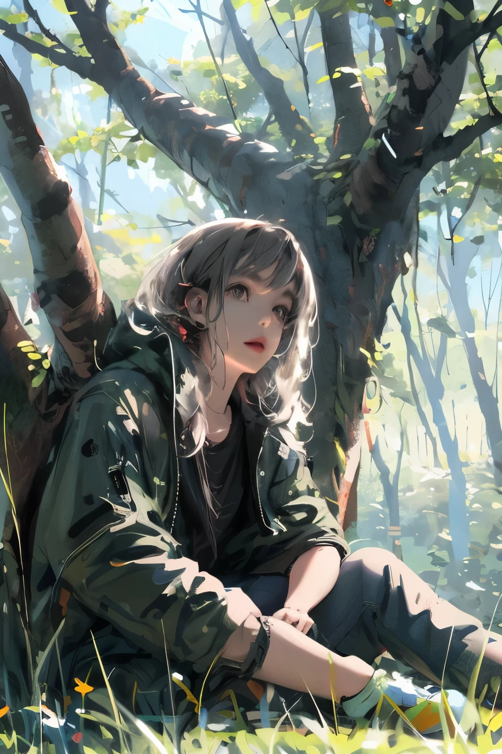 1 punk girl, Blurred green grass and trees in the background, sitting under a tree，looking up at the trees，Detailed face, high quality, high resolution
