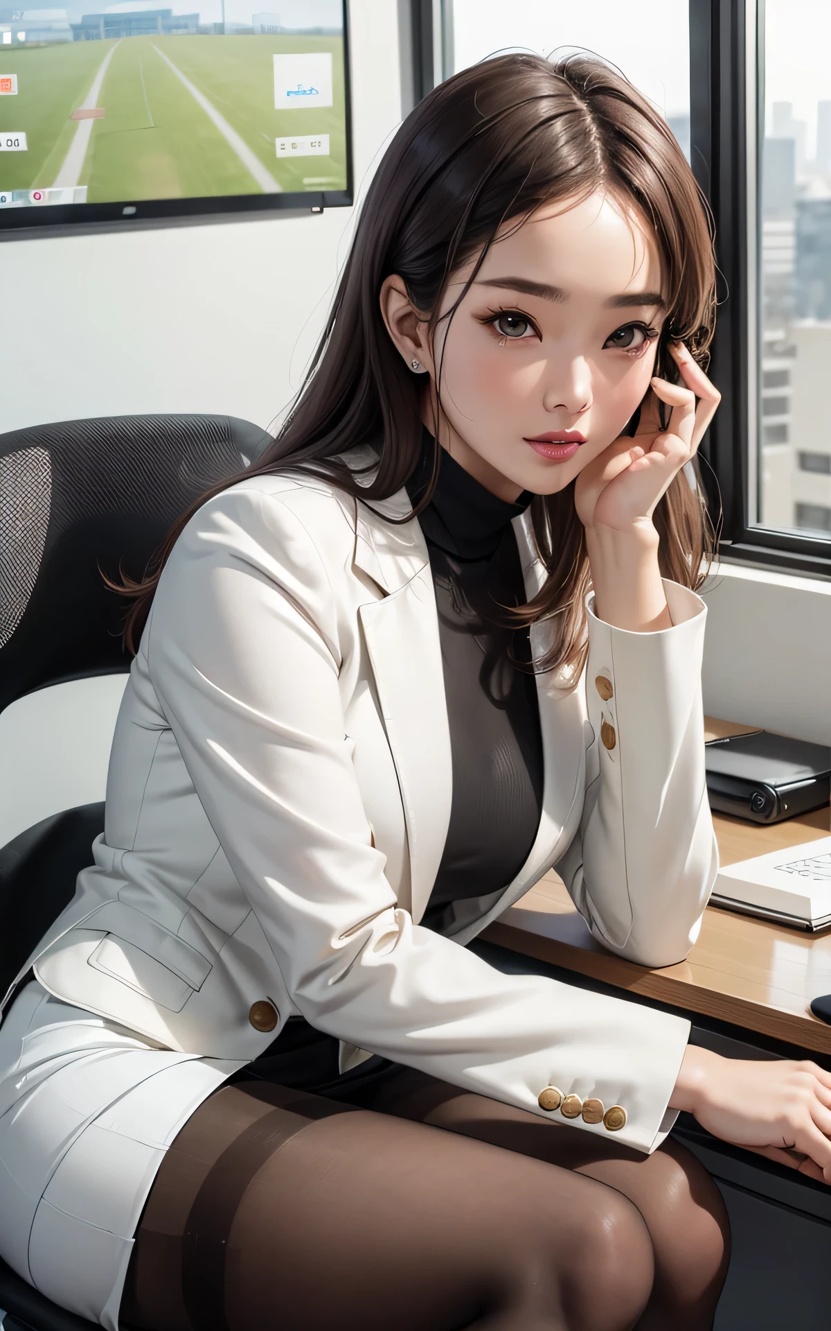 absurderes:2.0、(sit in an office chair、pantyhose:1.3)、japanese actress、cowboy shot、solo, 25 year old woman、realistic, Unity 8K Wallpaper, Masterpiece, Realistic face, Realistic skin feeling ,detailed hair, highly detailed, realistic glistening skin, light makeup, ((white suit skirt:1.3、white suit jacket:1.3, curvy, black eyes、))、(In the modern office:1.2)、