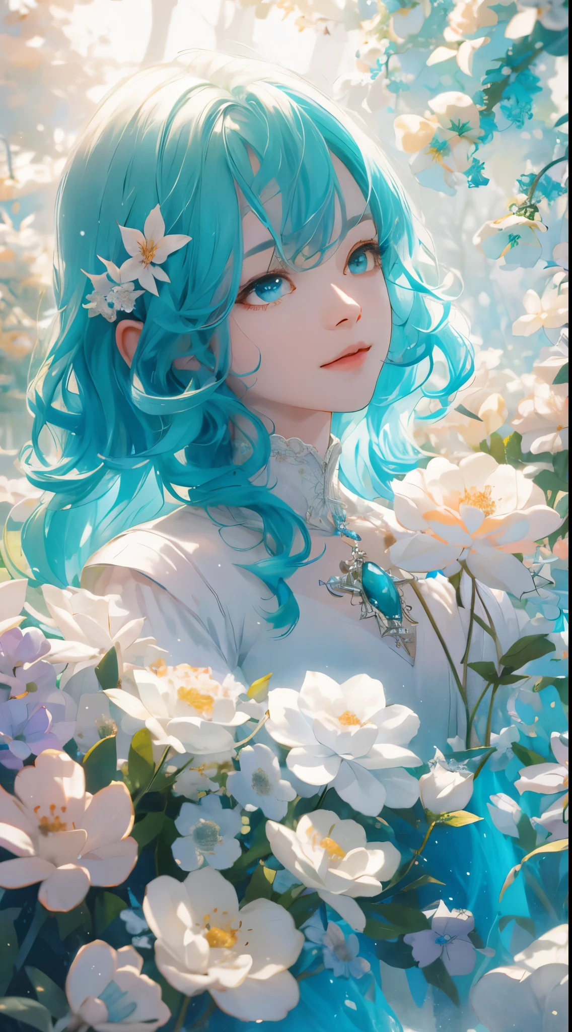 a girl,rainbow colored hair,Romanticized nature,curls,A dreamlike realm,light white and light red,light white and cyan,HD,high detail,high quality,Very good atmosphere,exquisite,CG rendering,Detailed rendering,(exquisite面部刻画)(Fine hair depiction)(best quality)(Master masterpieces)(High degree of completion)(a sense of atmosphere)(bust)