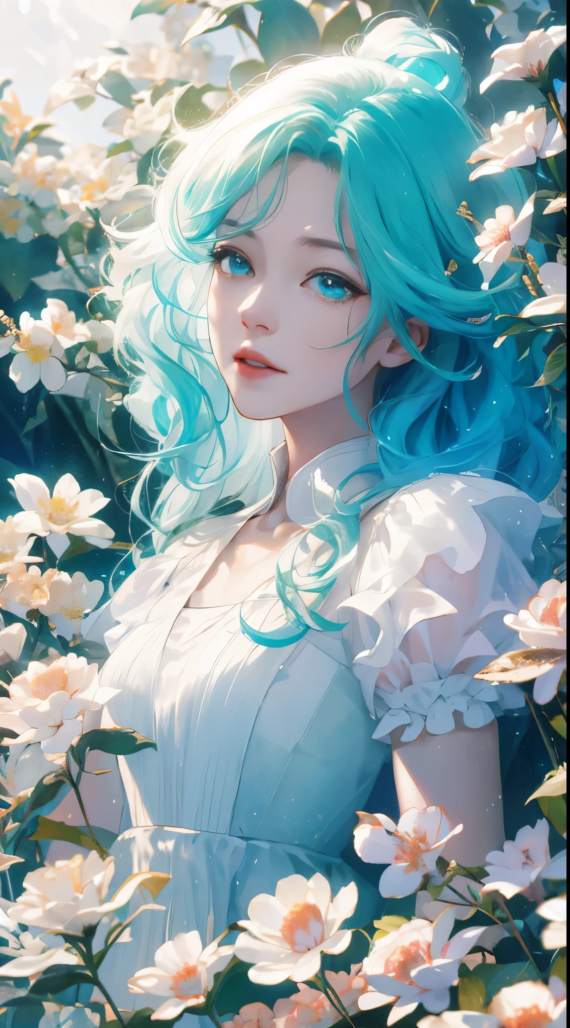 a girl，rainbow colored hair，Romanticized nature，curls，A dreamlike realm，light white and light red，light white and cyan，HD，high detail，high quality，Very good atmosphere，exquisite，CG rendering，Detailed rendering，（exquisite面部刻画）（Fine hair depiction）（best quality）（Master masterpieces）（High degree of completion）（a sense of atmosphere）（bust）