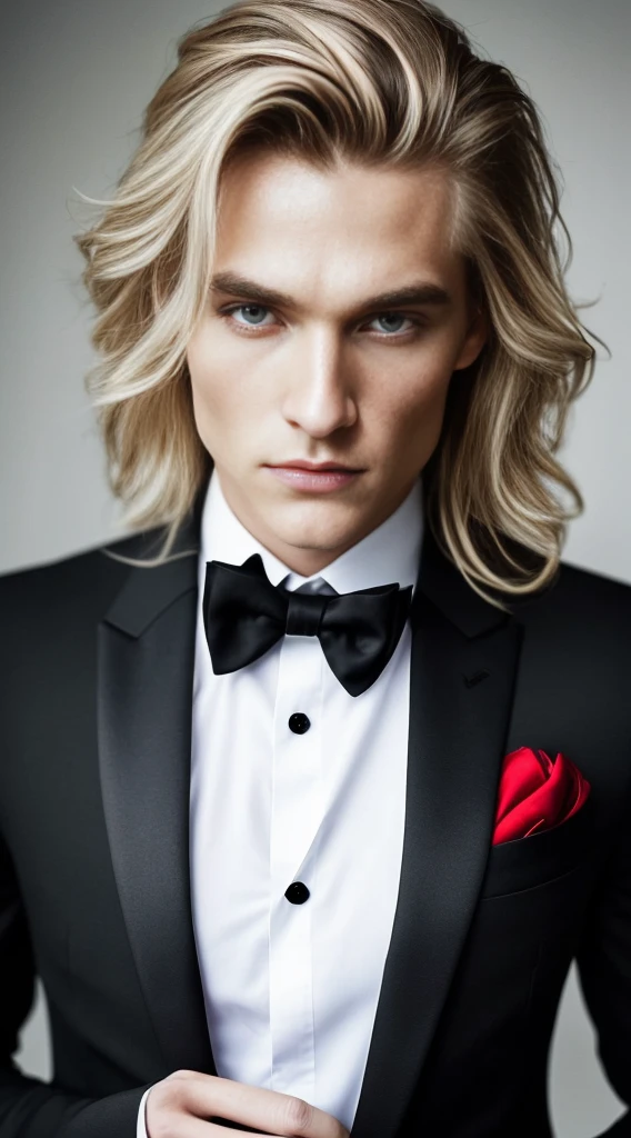A mesmerizing photograph of a captivating man, the epitome of handsome, with his golden locks cascading in a long, stylish fashion. His piercing red eyes exude an aura of mystery and allure. Dressed impeccably in a sleek black suit, he dons striking black wings that give off undeniable vampire vibes.