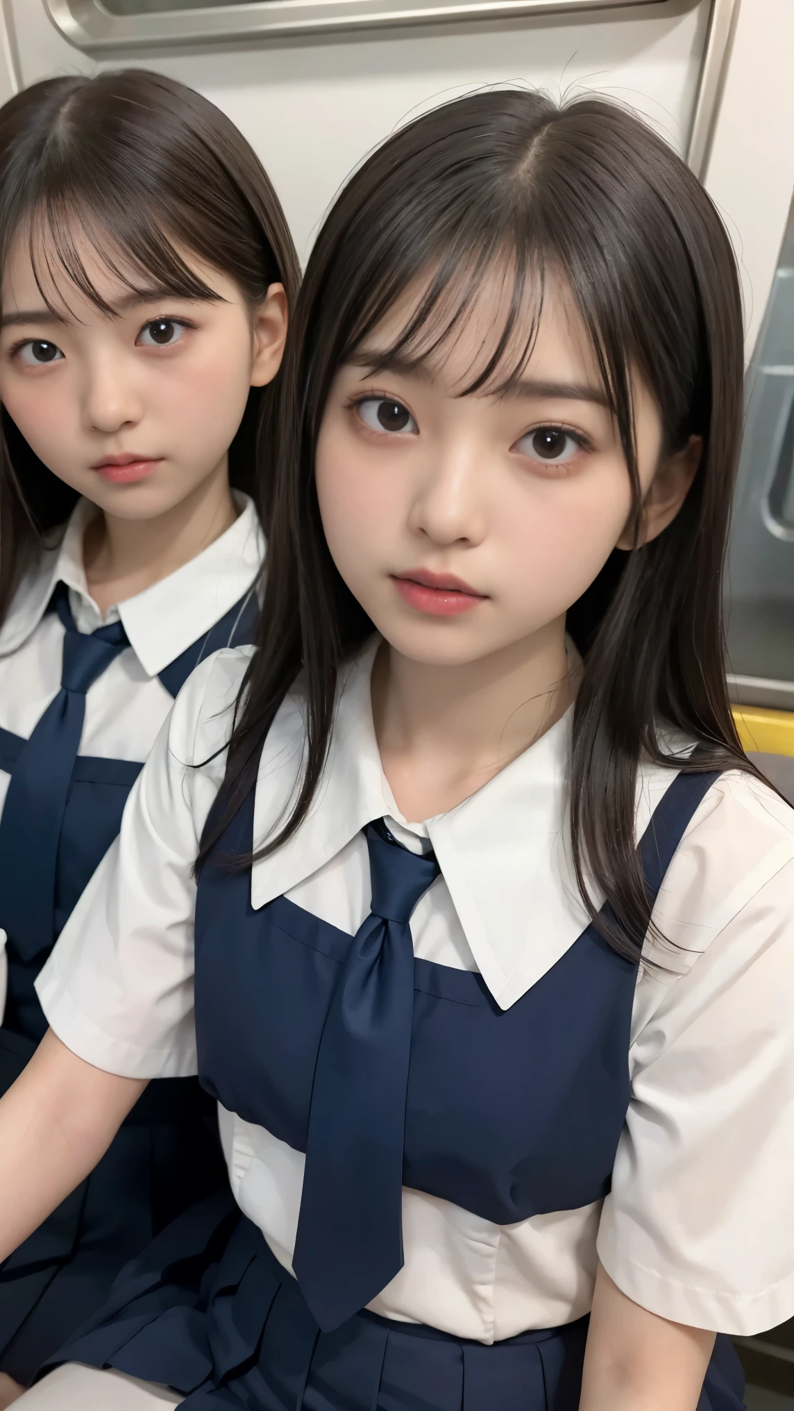 (masterpiece, highest quality:1.2), 8K, years, 85mm, official art, RAW photo, スーパースリムなスレンダーbeautiful girl, white dress shirt, cute face, close, Half body, Biolace, gardenia, beautiful girl, school uniform, (navy pleated skirt:1.1), cinch waist, thighs, short sleeve, Inside the train, Sit on a bench seat, looking at the viewer, no makeup, (smile:0.4), film grain, chromatic aberration, sharp focus, face light, clear lighting, Ten generations, detailed face, background bokeh, (Dark red tie:1.1)、((((((two girls))))))、((((((2high scirl)))))