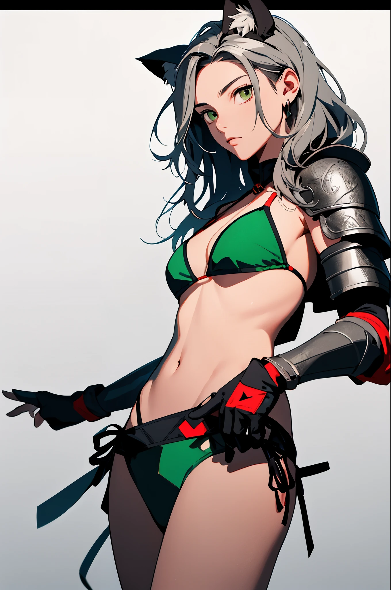 (Style Princess:0.8), Cat-eared Beautiful Girl, , One Girl, ((Bikini Armor))Bikini, (Rich Green and Black and Red and Silver Hair), ((Temple)), Slim, (Elbow Gloves) Masterpiece, High Contrast, Ultra Detail, Best Quality, Ultra High Definition, High Definition, Details