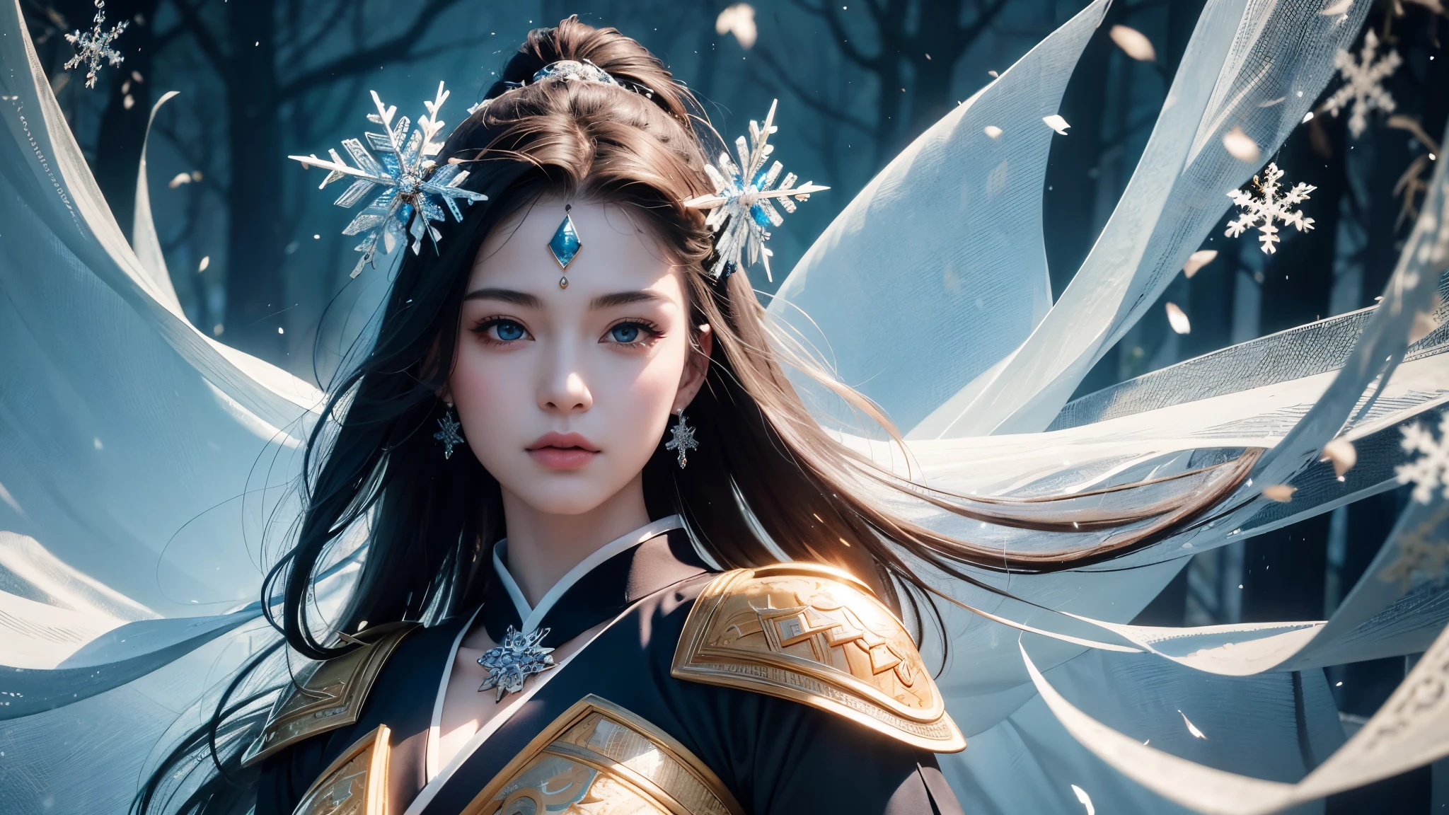Immerse yourself in the world of perfection with these ultra-high-quality, ultra-detailed, and realistic (1.37) visuals. Picture a breathtaking scene of a mulher samurai, adorned in a meticulously crafted armadura mecanizada, wielding her katana with grace and precision. The frozen forest serves as a mesmerizing backdrop, its beauty immortalized in stunning oil carvings. Her eyes, both penetrating and expressive, draw you in, while every intricate detail of her lips brings a sense of realism to the image. Crystal-clear snowflakes fall delicately like diamonds, illuminated by the soft light filtering through the trees. Vivid colors and profound contrasts create a captivating atmosphere, enhanced by mysterious shadows that add an air of intrigue