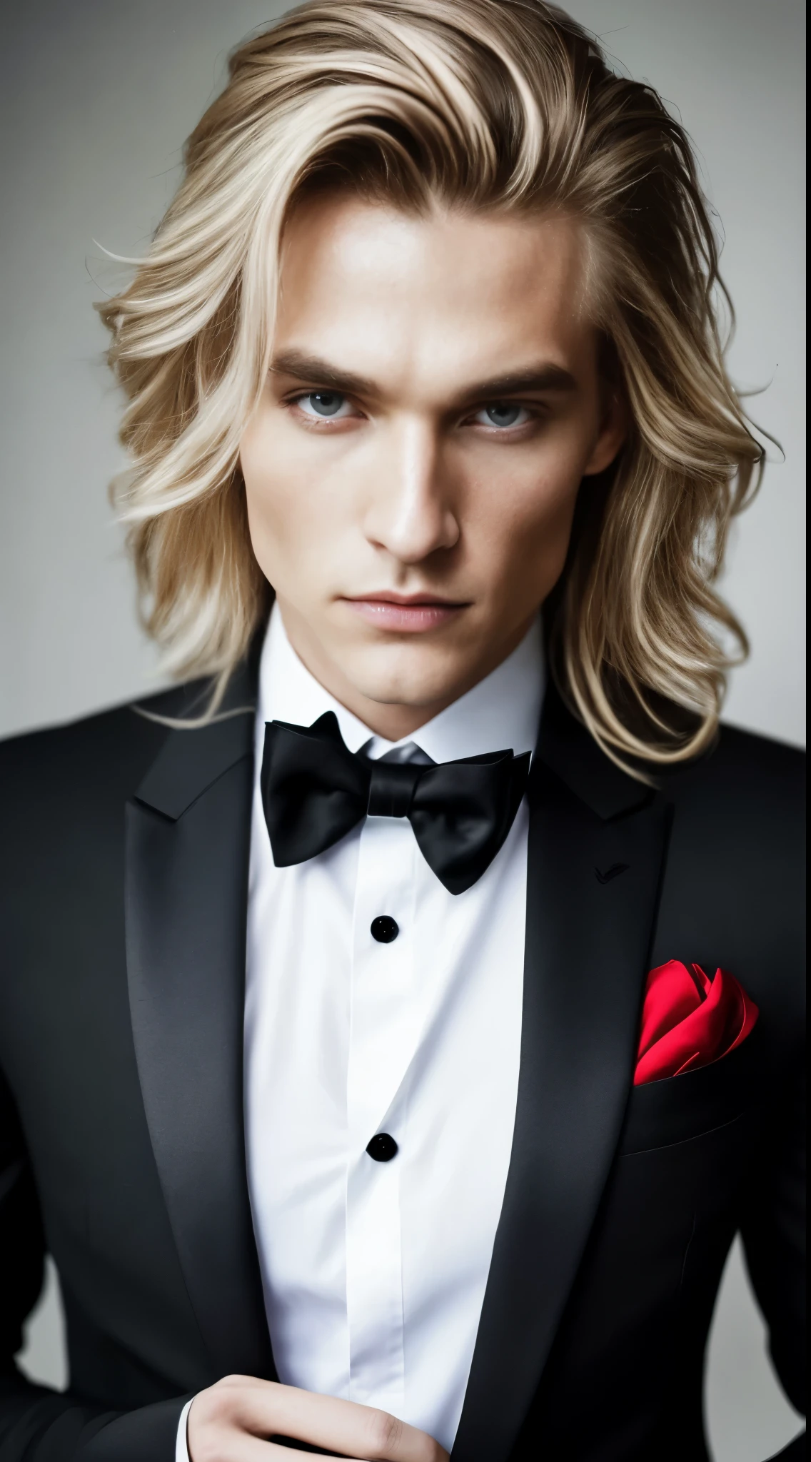 A mesmerizing photograph of a captivating man, the epitome of handsome, with his golden locks cascading in a long, stylish fashion. His piercing red eyes exude an aura of mystery and allure. Dressed impeccably in a sleek black suit, he dons striking black wings that give off undeniable vampire vibes.