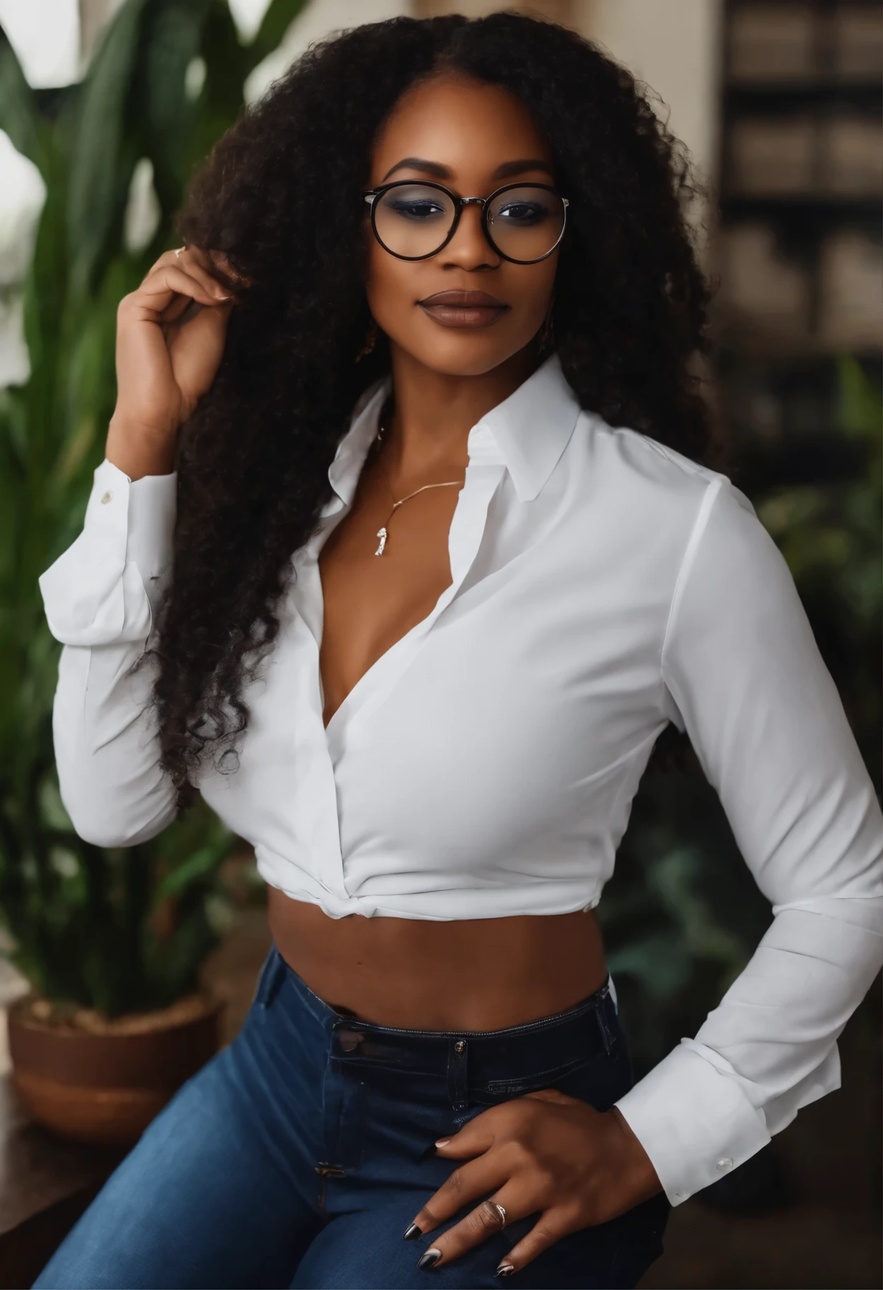 black woman, wearing short skirt and low cut blouse, wavy skirt, showing cleavage, large breasts, wearing glasses