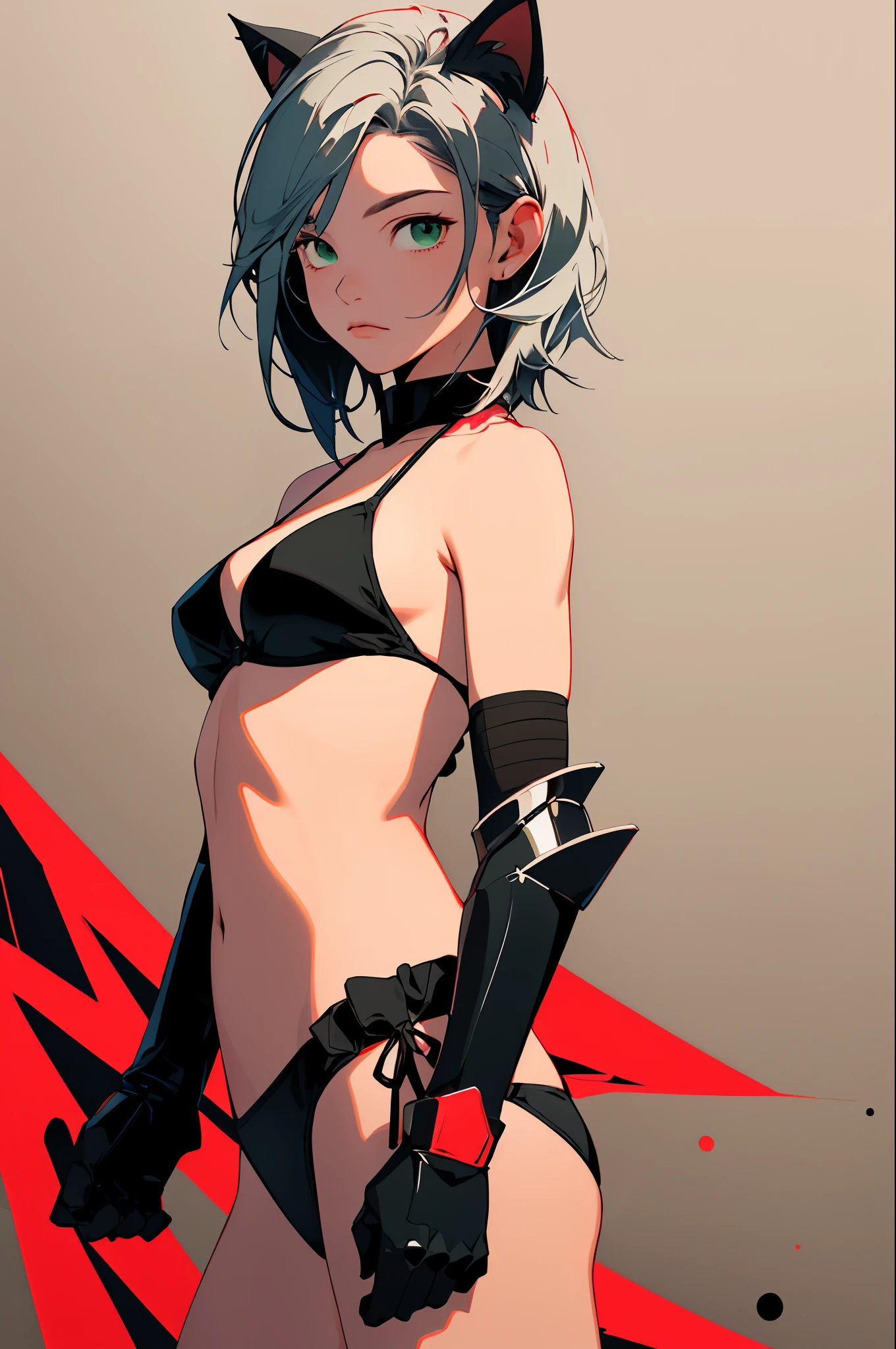 (Style Princess:0.8), Cat-eared Beautiful Girl, , One Girl, ((Bikini Armor))Bikini, (Rich Green and Black and Red and Silver Hair), ((Temple)), Slim, (Elbow Gloves) Masterpiece, High Contrast, Ultra Detail, Best Quality, Ultra High Definition, High Definition, Details