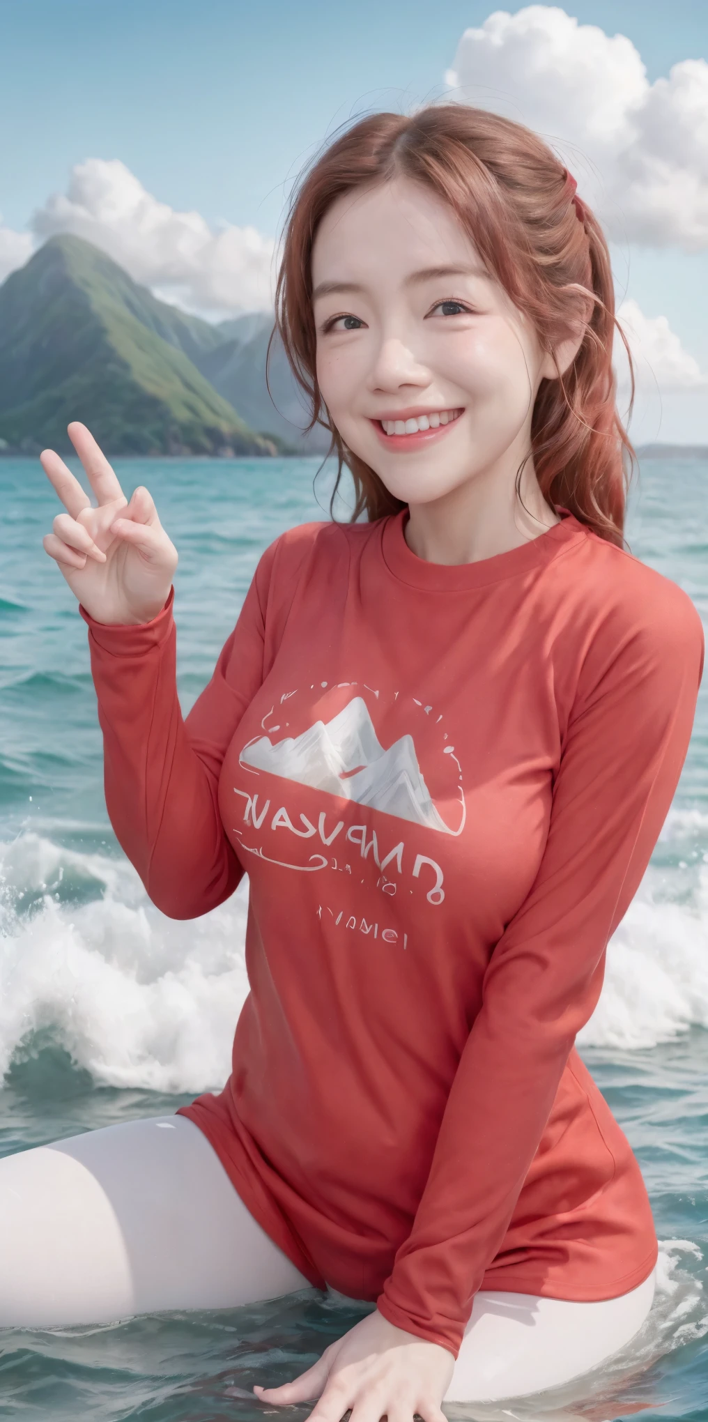 (best quality, masterpiece), 1 girl, paw pose, smile, laughing, ocean, long sleeve red tshirt, leggings, freckles, blush, looking at viewer, cloud, splashing, waves, sun, mountain, wet