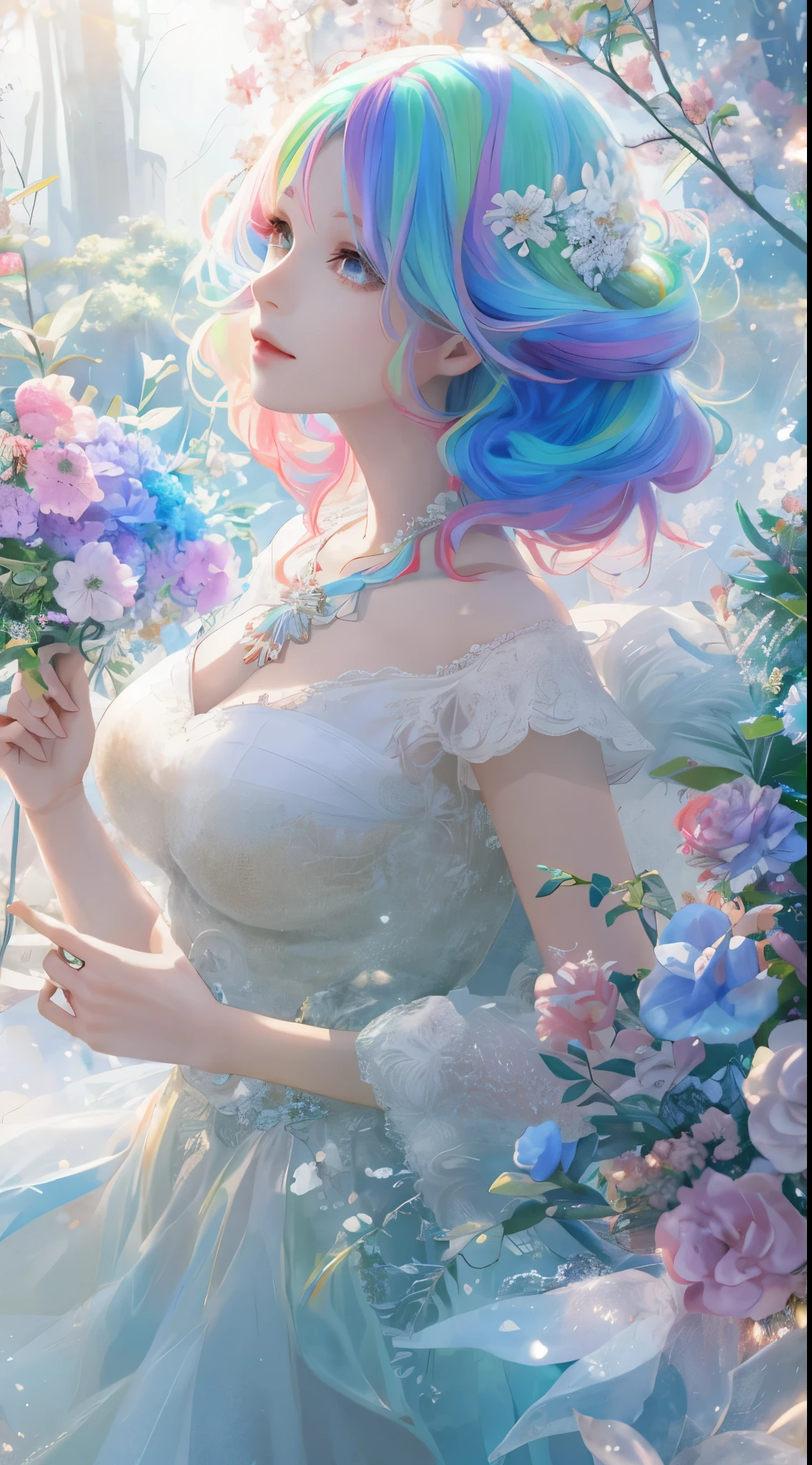 a girl，rainbow colored hair，Romanticized nature，curls，A dreamlike realm，light white and light red，Very good atmosphere，exquisite，CG rendering，Detailed rendering