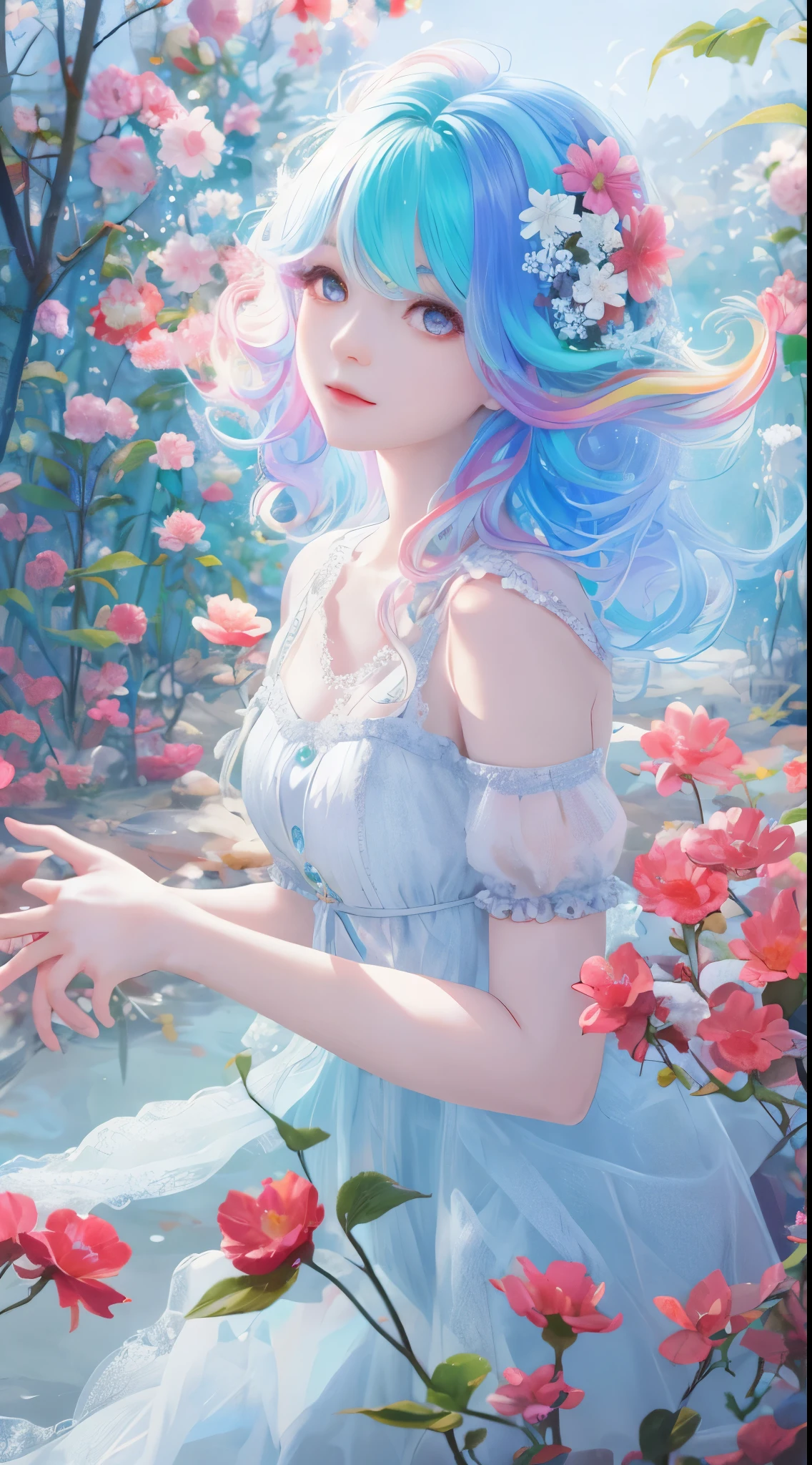 a girl,rainbow colored hair,Romanticized nature,curls,A dreamlike realm,light white and light red,Very good atmosphere,exquisite,CG rendering,Detailed rendering