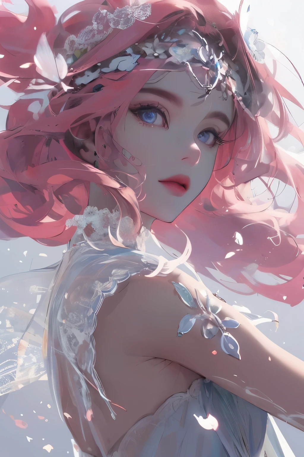 (CG unified 8K wallpaper is extremely detailed) (better quality) (better lighting) (an extremely delicate and beautiful) (floating) (beautiful) (spring atmosphere) (1 girl) (long pink hair), (Headband), (detailed and beautiful blue eyes), ((very short white dress, pink lace underside), (lace), ((Lightweight transparent silk))), (Sakura petals), (Butterfly), (Every time), (Volumetric light) Cinema lighting, Color difference, Sony FE General Manager, textured skin, high detail, high resolution, 8k