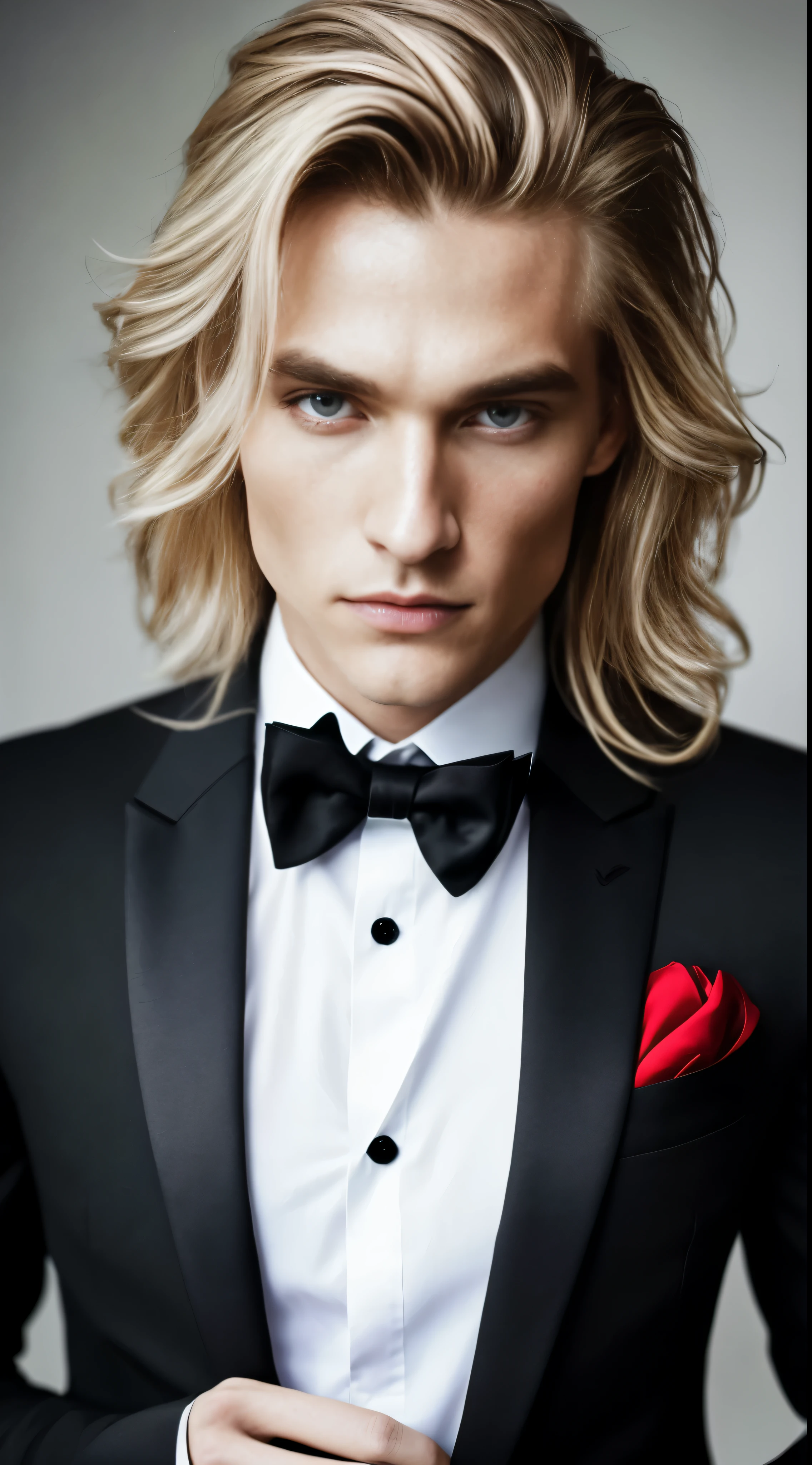 A mesmerizing photograph of a captivating man, the epitome of handsome, with his golden locks cascading in a long, stylish fashion. His piercing red eyes exude an aura of mystery and allure. Dressed impeccably in a sleek black suit, he dons striking black wings that give off undeniable vampire vibes.