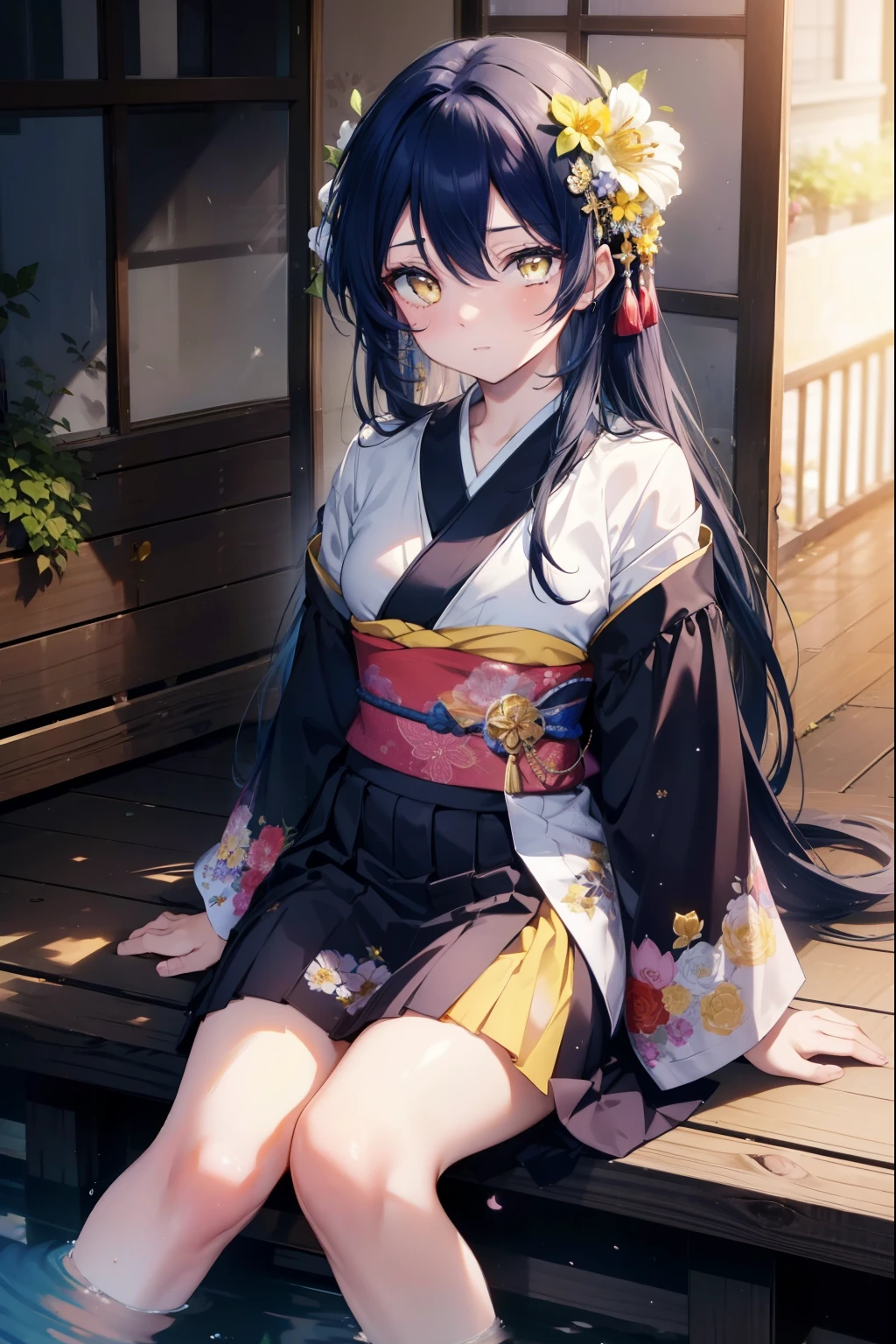 Kamisonoda, Umi Sonoda, long hair, blue hair, (yellow eyes:1.5) (flat chest:1.2),floral hair ornament,Blue flower stem kimono　Furisode,Black kimono floral pattern long skirt,White tabi socks,Breaking the sandals looking at viewer,
break outdoors,In town , Destroy the building area (masterpiece:1.2), highest quality, High resolution, unity 8k wallpaper, (figure:0.8), (beautiful and fine eyes:1.6), highly detailed face, perfect lighting, Very detailed CG, (perfect hands, perfect anatomy),