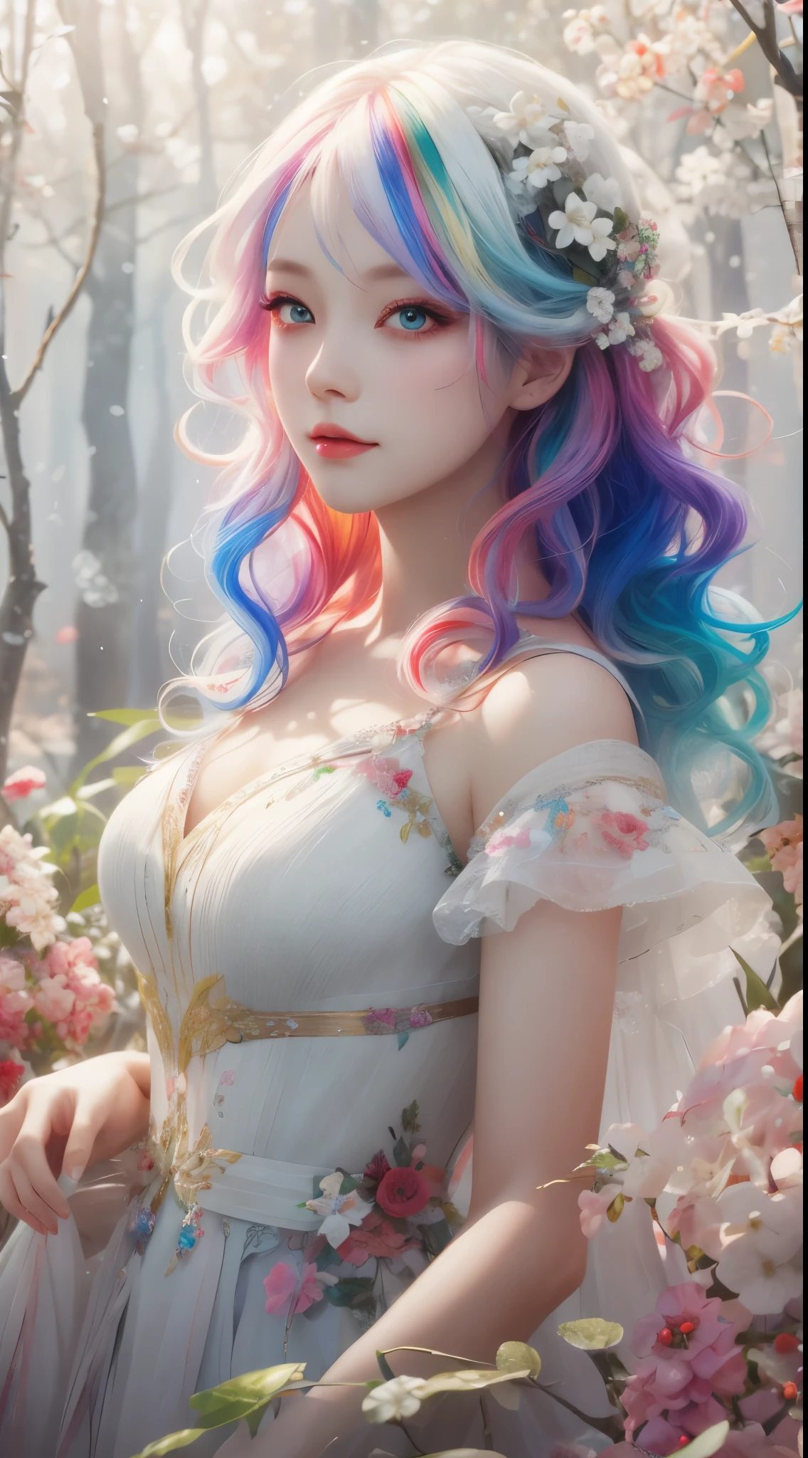 a girl，rainbow colored hair，Romanticized nature，curls，A dreamlike realm，light white and light red，Very good atmosphere，exquisite，CG rendering，Detailed rendering