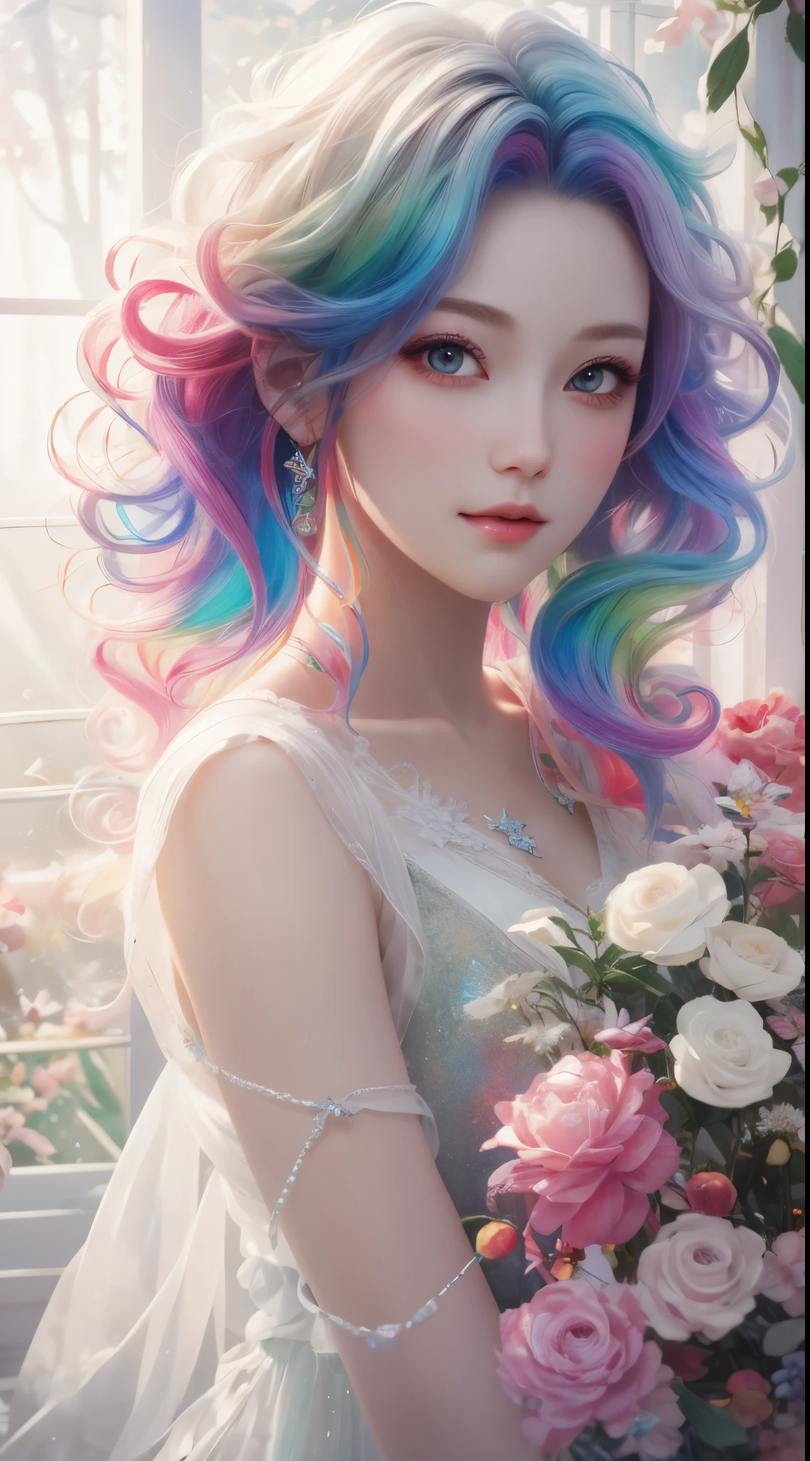 a girl，rainbow colored hair，Romanticized nature，curls，A dreamlike realm，light white and light red，Very good atmosphere，exquisite，CG rendering，Detailed rendering