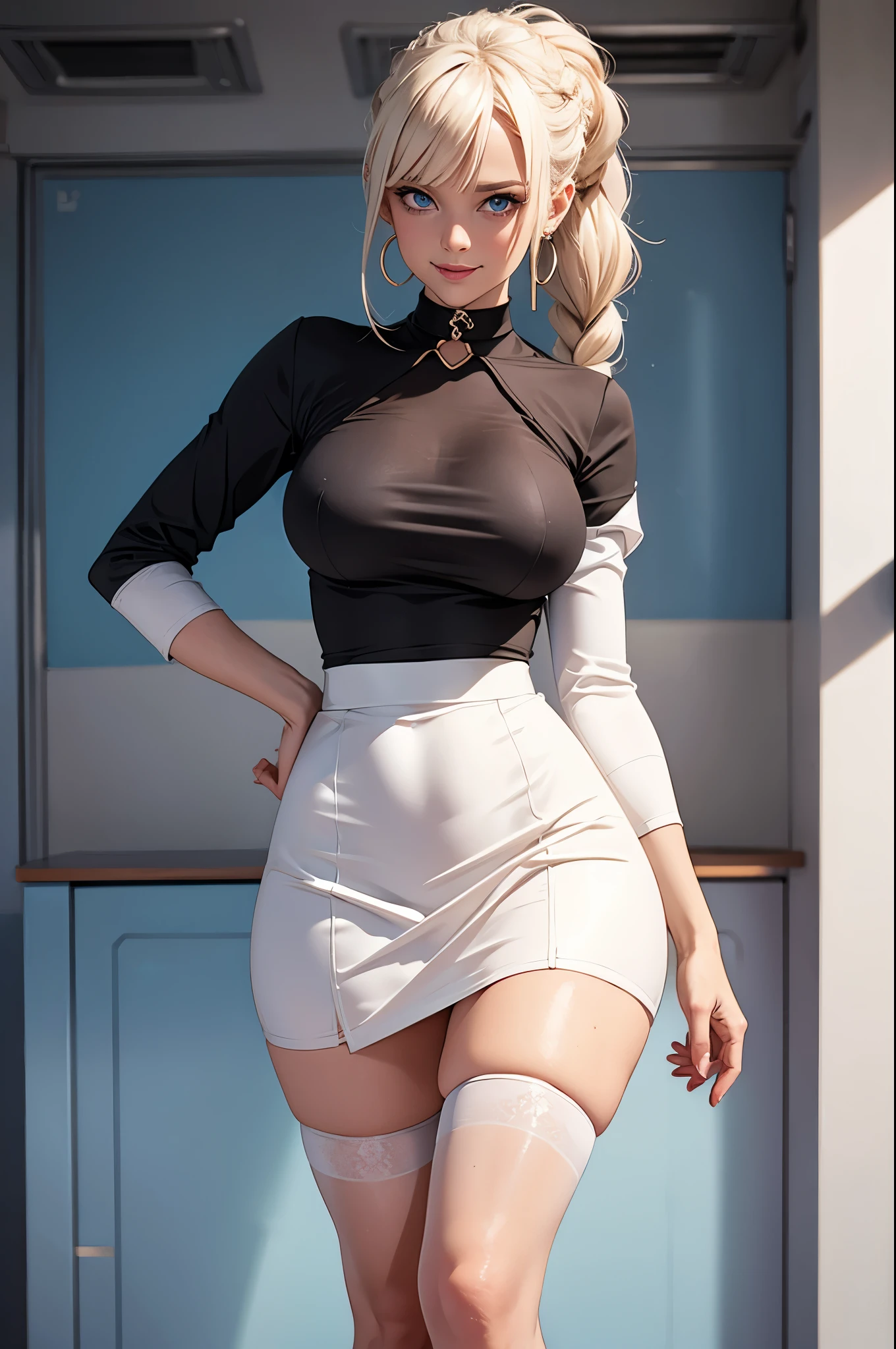 platinum blonde hair, skin tight top, smooth top, top, blue eyes, smile, bright blue high waisted skirt, bright blue pencil skirt, split skirt, hoop earrings, standing, legs, French braid, hair up, classroom, tight bosom, tight , tight chest, tight shirt, (sleeves rolled up), choker, (white stockings), thigh high white stockings, solid white stockings, 