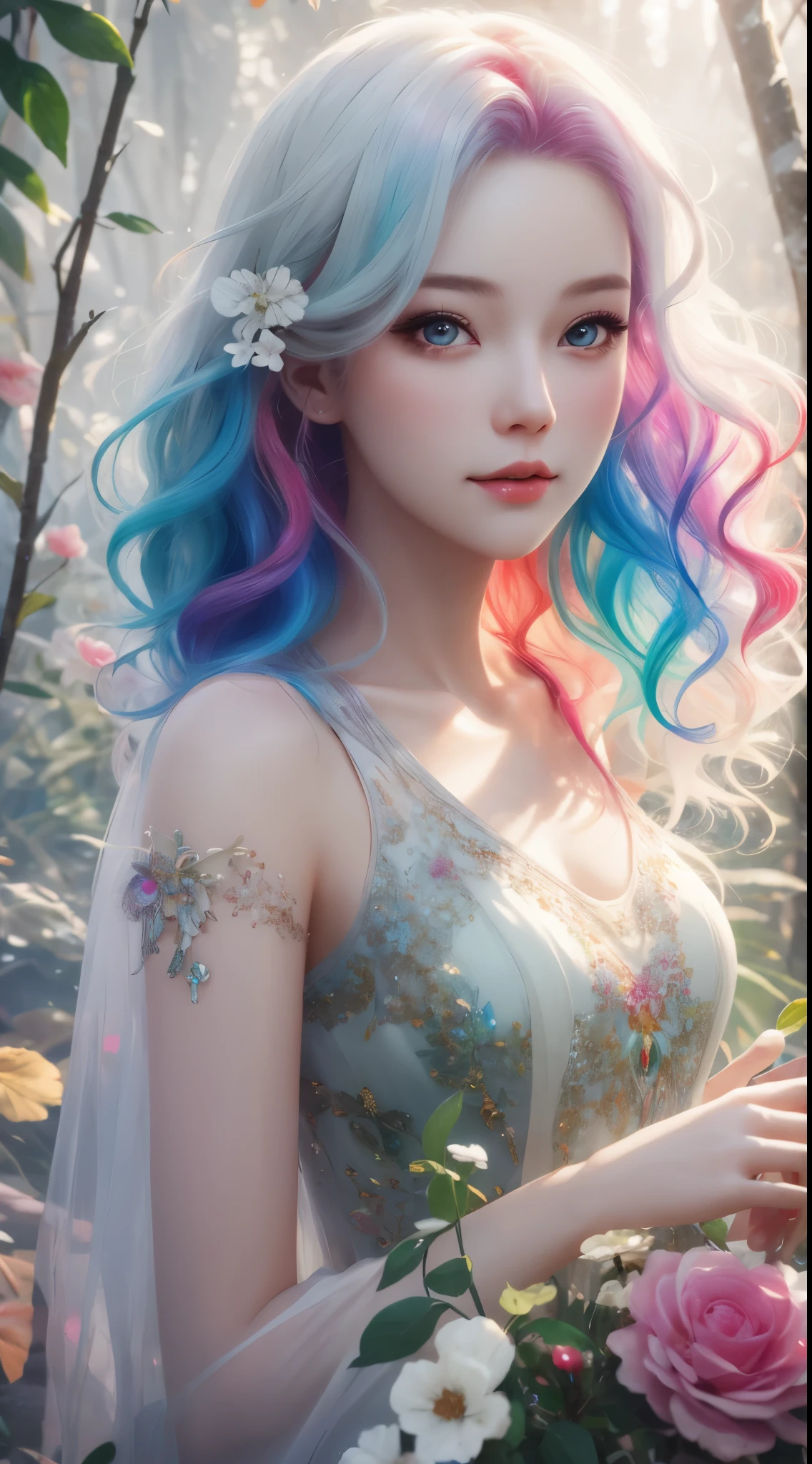 a girl，rainbow colored hair，Romanticized nature，curls，A dreamlike realm，light white and light red，Very good atmosphere，exquisite，CG rendering，Detailed rendering