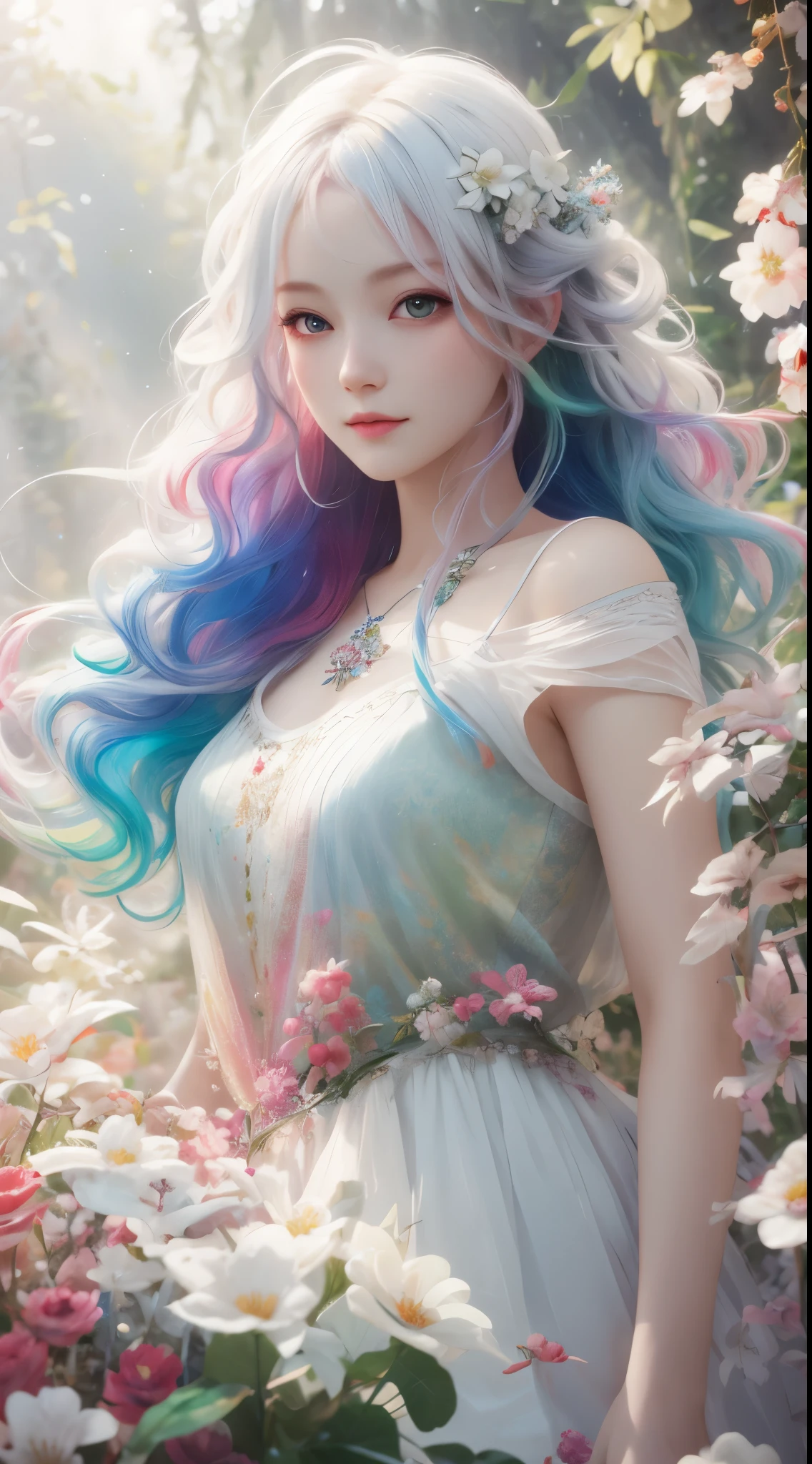 a girl，rainbow colored hair，Romanticized nature，curls，A dreamlike realm，light white and light red，Very good atmosphere，exquisite，CG rendering，Detailed rendering