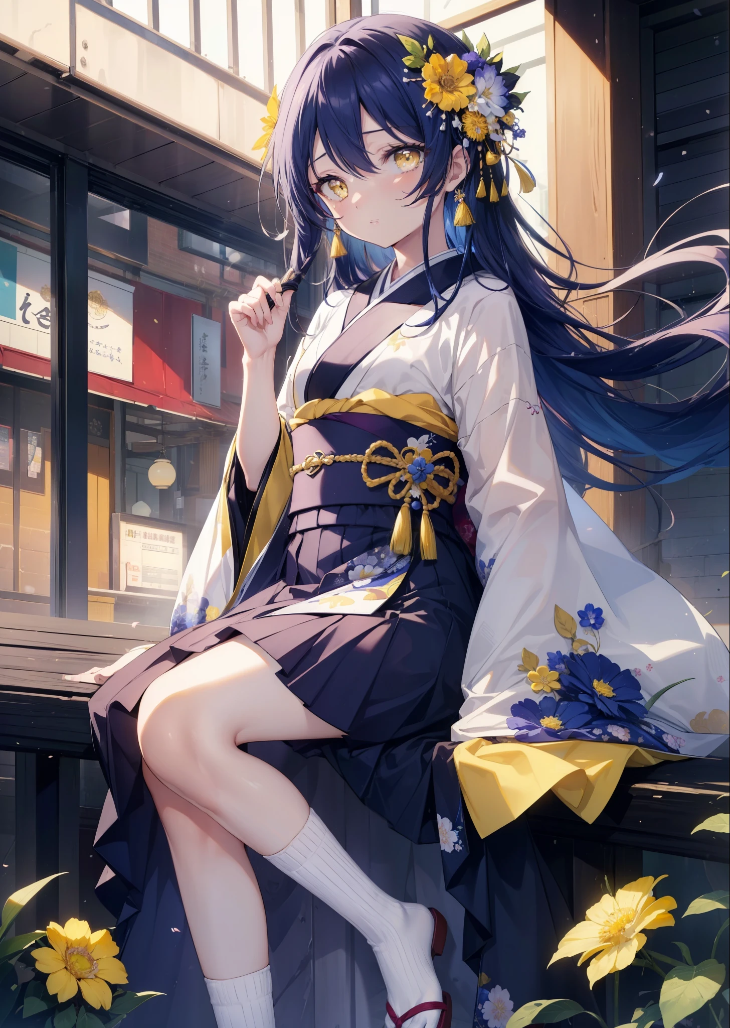 Kamisonoda, Umi Sonoda, long hair, blue hair, (yellow eyes:1.5) (flat chest:1.2),floral hair ornament,Blue flower stem kimono Furisode,Black kimono floral pattern long skirt,White tabi socks,Breaking the sandals looking at viewer,
break outdoors,In town , Destroy the building area (masterpiece:1.2), highest quality, High resolution, unity 8k wallpaper, (figure:0.8), (beautiful and fine eyes:1.6), highly detailed face, perfect lighting, Very detailed CG, (perfect hands, perfect anatomy),