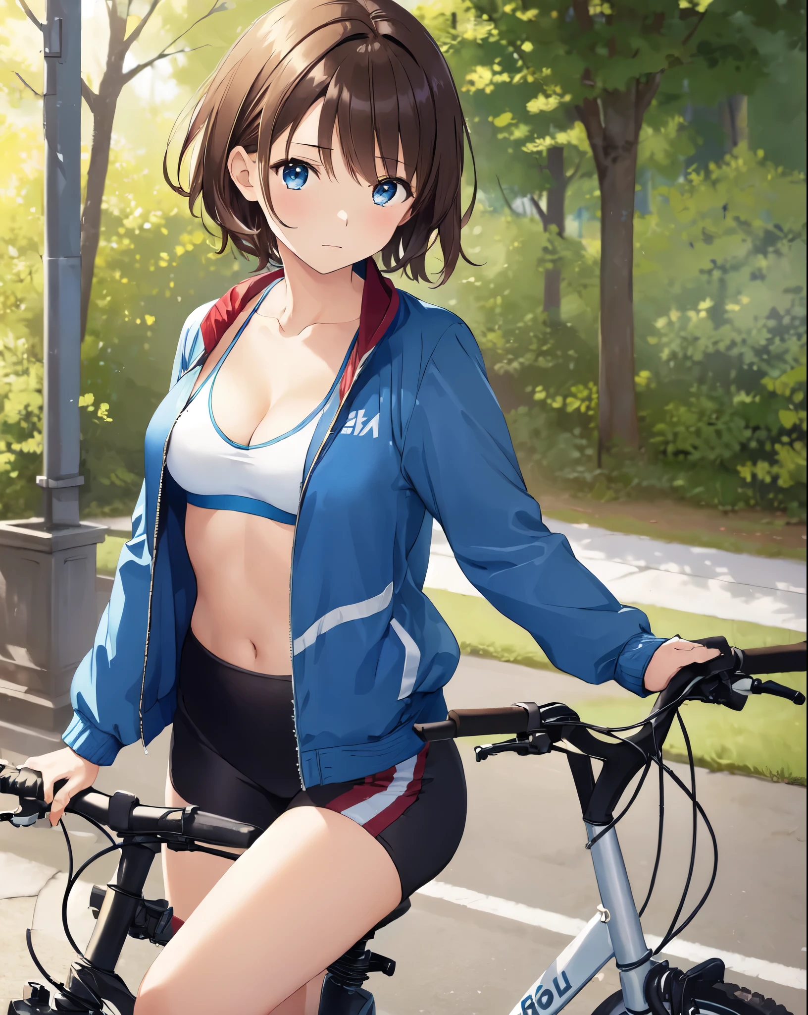 (((masterpiece))), ShizukaMikazuki, 1girl, solo, looking at viewer, short hair, brown hair, long sleeves, cleavage, medium breasts, closed mouth, collarbone, jacket, open clothes, open jacket, blue jacket, ground vehicle, sports bra, bicycle,