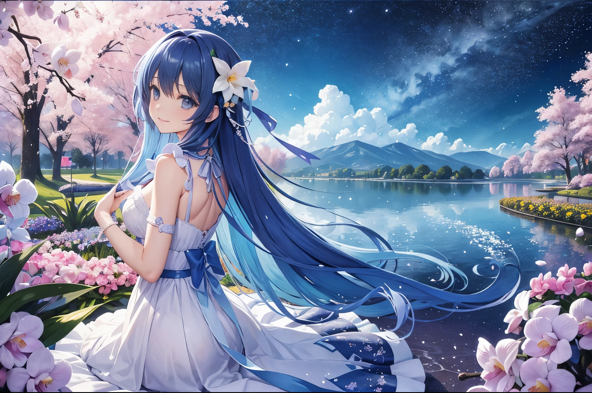 (High resolution、Super detailed、nffsw、movie)、alone、1 girl、happiness、Girl Standing In Orchid Flower Garden、Girl around the petals、cute smile、Full body Esbian、long-haired girl with blue hair、Light blueの髪、black eye、looking at the camera、fantasy、official art、pop art、profile、highly detailed face、highly detailed eyes、Orchid Flower Garden、Ultra Detailed Fields、Bright starry sky、Light blue、blanche、nebula in the sky、watercolor painting、pastel colour