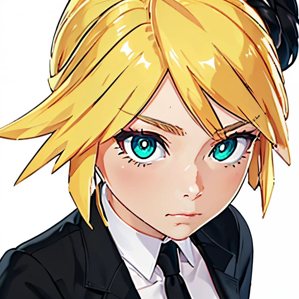 (best quality)++, (masterpiece)++, (ultra detailed)++, 1girl, solo, (close-up head), looking at viewer, (from front),
(serious face:1.2),
short hair, single hair bun, blonde hair, green eyes,
black jacket, long sleeves, black necktie, black shorts,
simple background, white background,