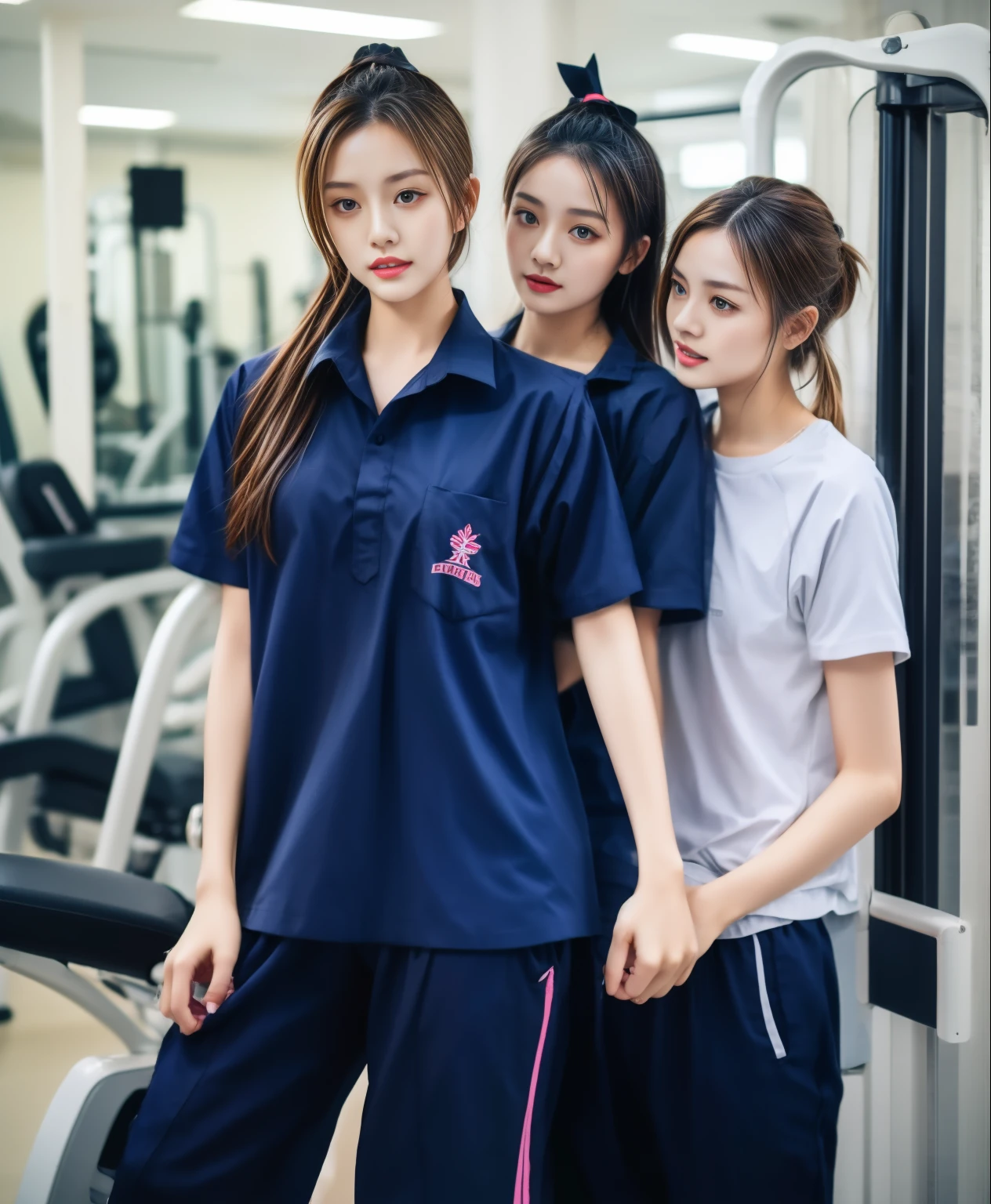 3 girls in fitness center, Navy blue short-sleeved shirt,Navy Long Trackpant,Sweatpants, Sweatpantsขายาว,25 year old girl, lesbian, sexy, exercise clothes, wet body, exercise clothes